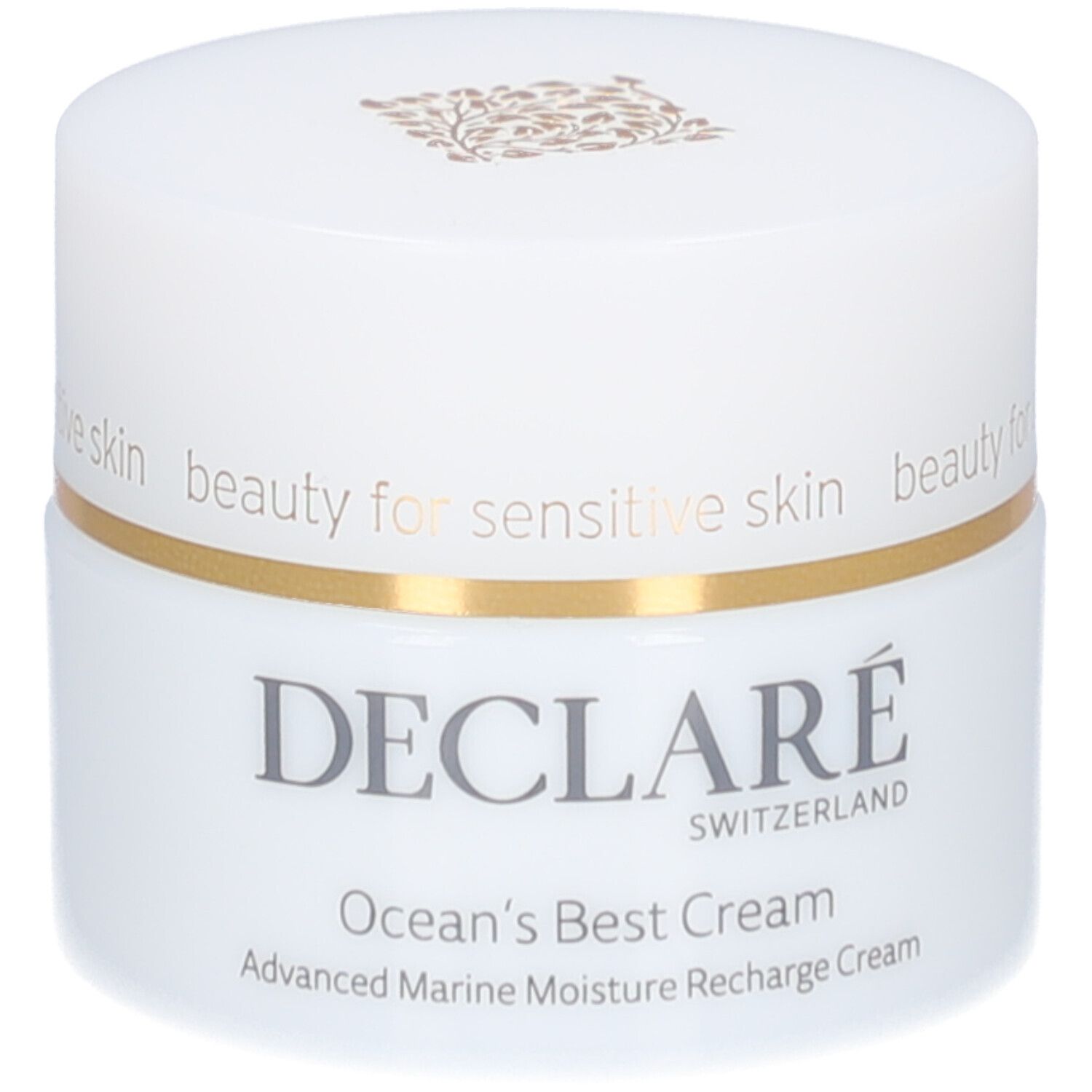 Weißer Tiegel mit goldfarbenem Deckel. DECLARÉ-Logo und Produktname Ocean's Best Cream.
