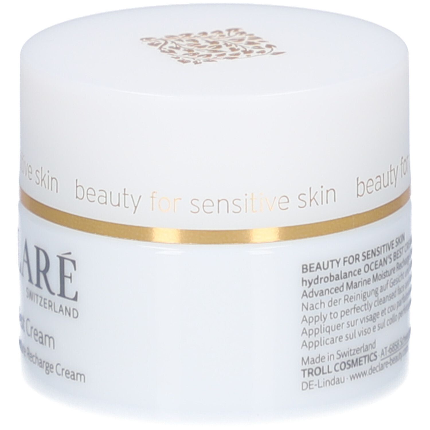 Weißer Tiegel mit goldfarbenem Deckel. DECLARÉ-Logo und Produktname Ocean's Best Cream.