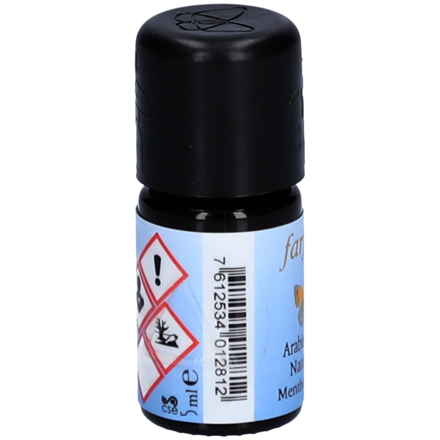 Petite bouteille en verre avec bouchon noir. Étiquette avec code-barres, symboles de danger et indication de volume.