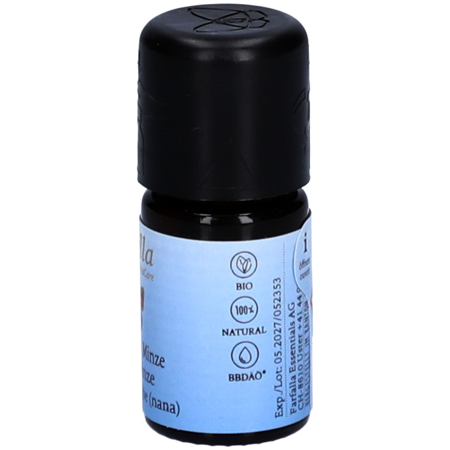 Petite bouteille en verre avec bouchon noir. Étiquette avec labels bio, nom du produit et informations du fabricant.