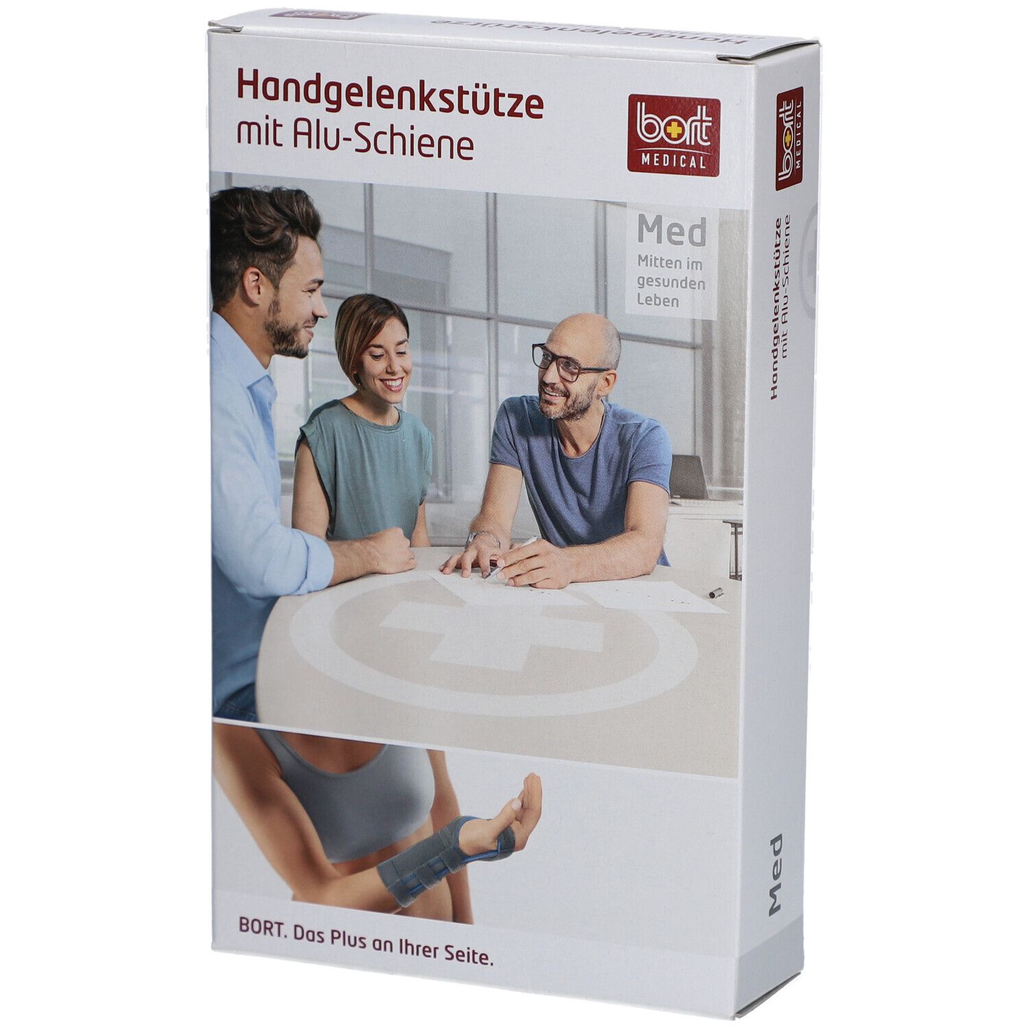 Verpackung der Handgelenkstütze mit Alu-Schiene. BORT MEDICAL Logo. Abbildung von Personen und Produktanwendung.