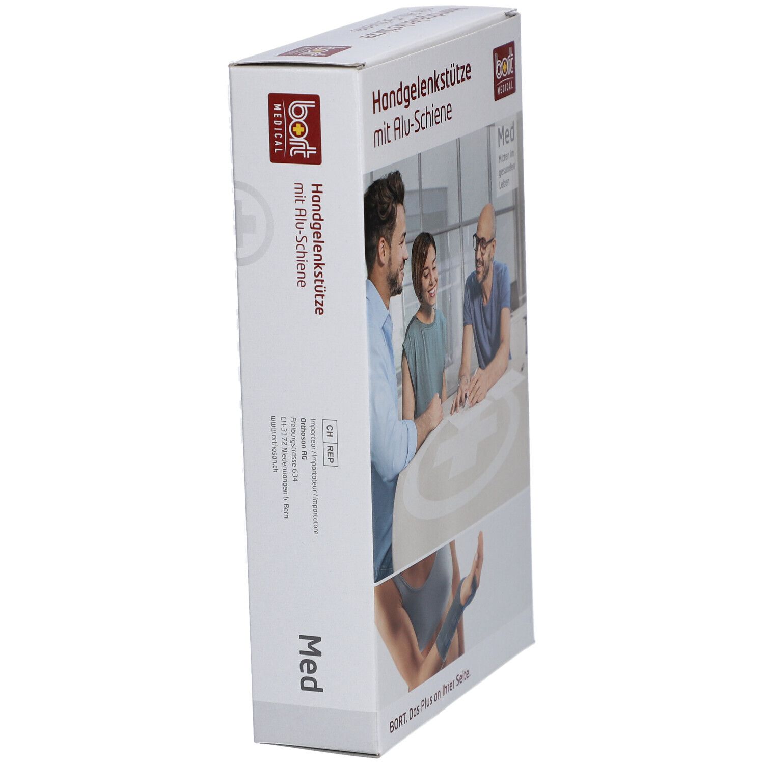 Verpackung der Handgelenkstütze mit Alu-Schiene. BORT MEDICAL Logo. Seitenansicht mit Produktabbildung und Text.