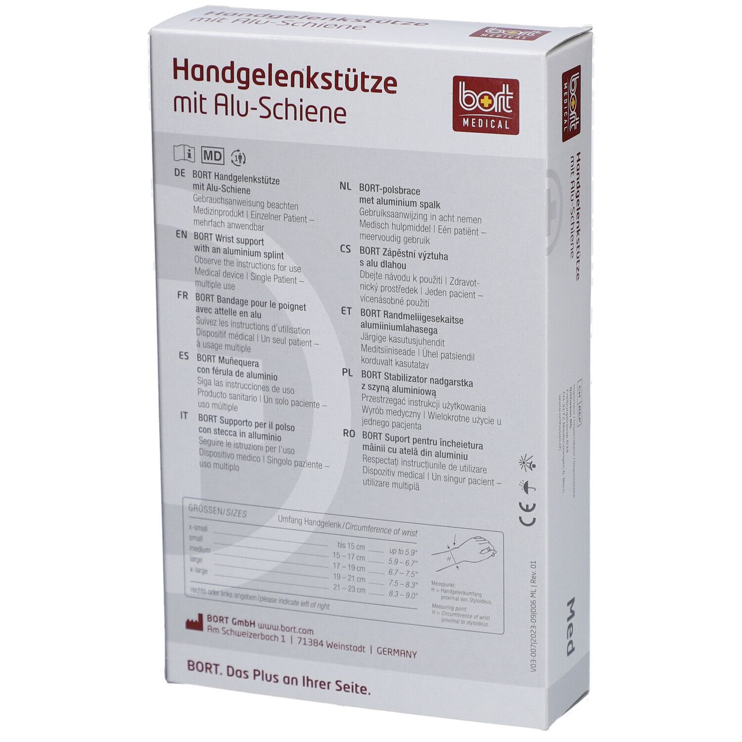 Rückseite der Verpackung. Text in mehreren Sprachen. Produktinformationen und Größenangaben.