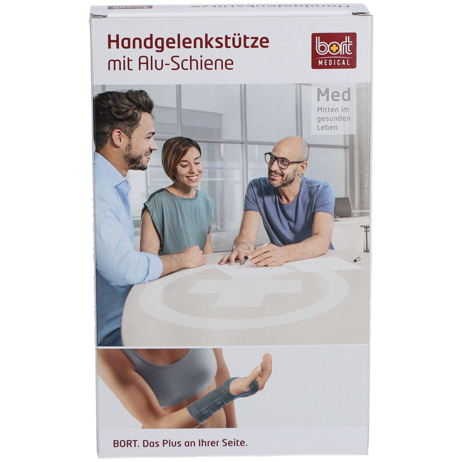 Vorderseite der Verpackung. Handgelenkstütze mit Alu-Schiene. BORT MEDICAL Logo. Abbildung von Personen.