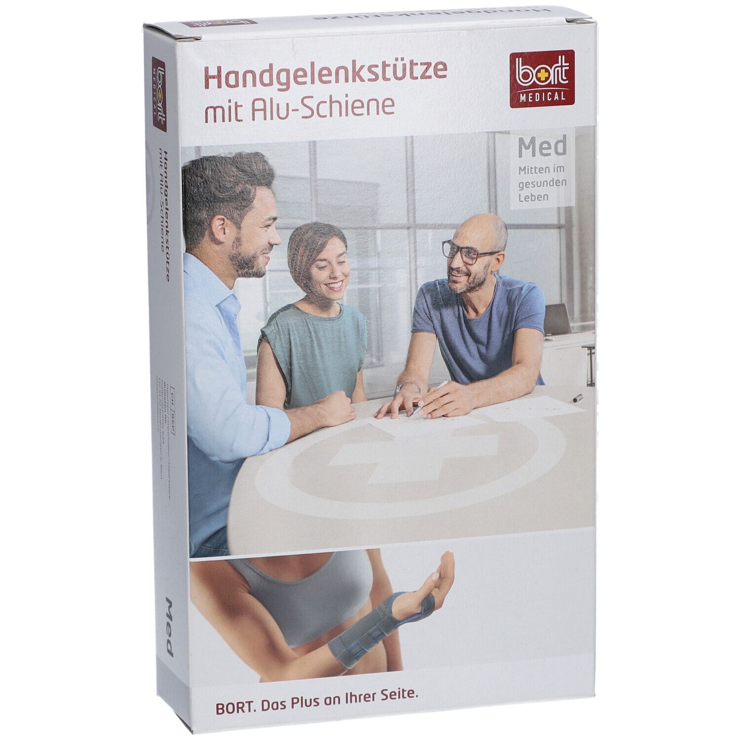 Verpackung der Handgelenkstütze mit Alu-Schiene. BORT MEDICAL Logo. Seitenansicht mit Produktabbildung.