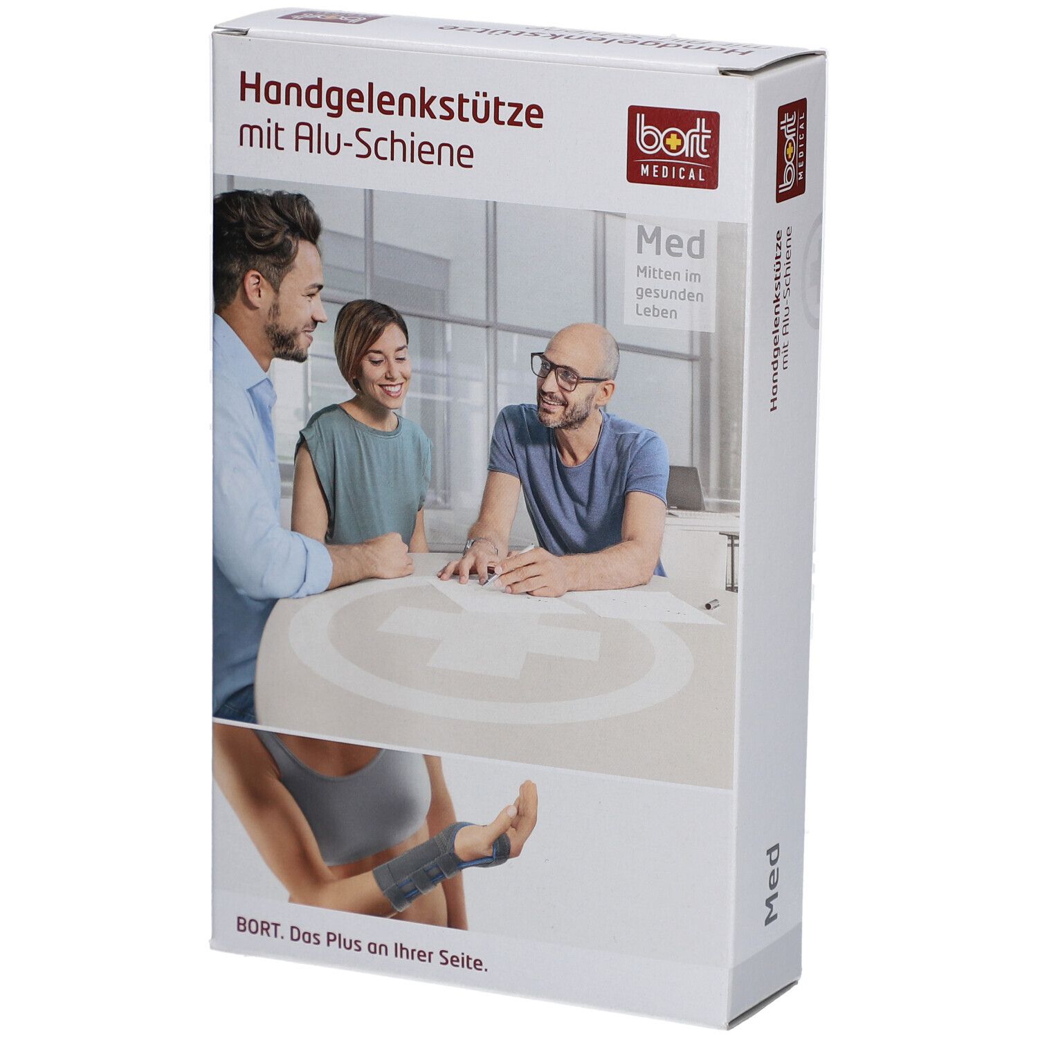 Verpackung der Handgelenkstütze mit Alu-Schiene. BORT MEDICAL Logo. Abbildung von Personen und Handgelenkstütze.