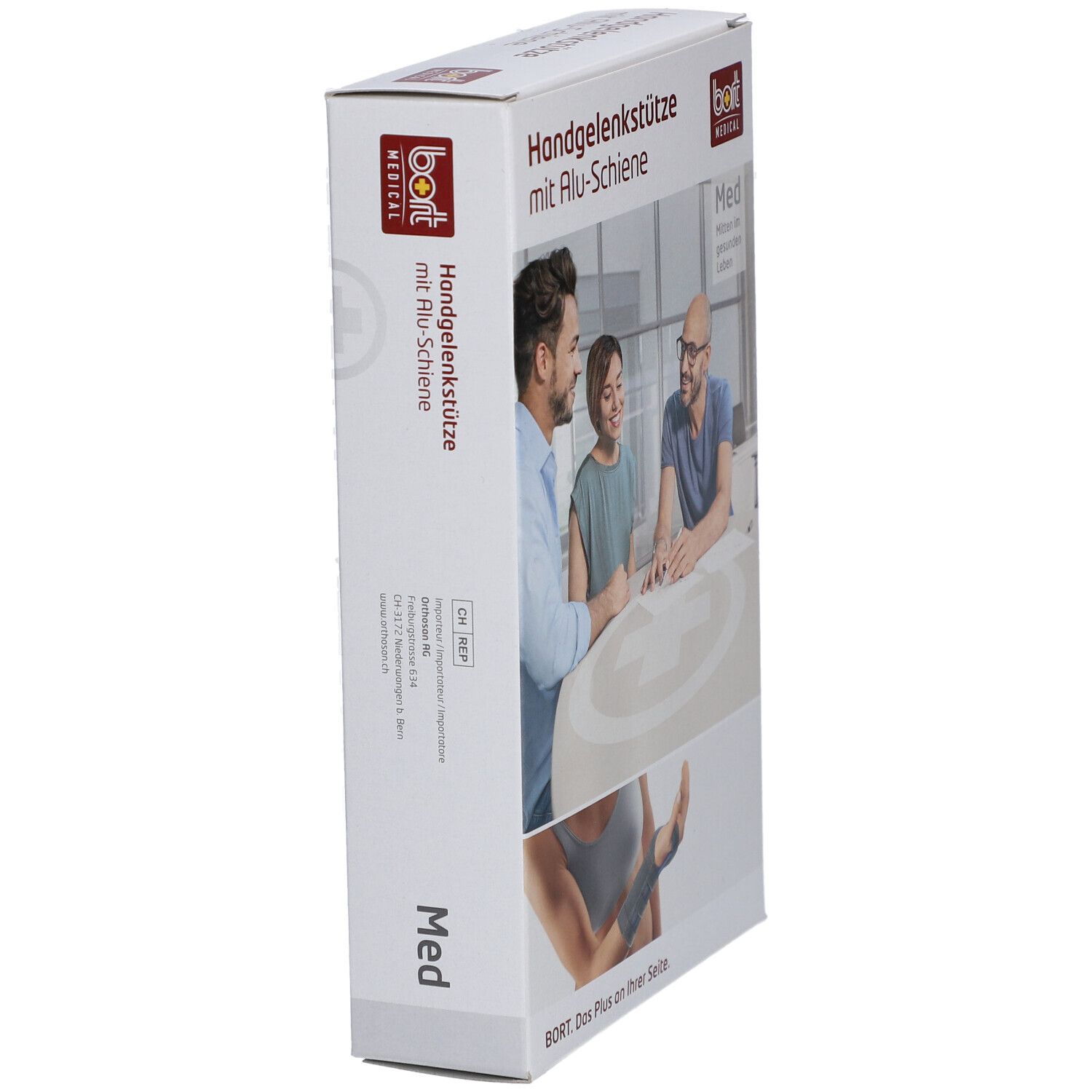 Verpackung der Handgelenkstütze mit Alu-Schiene. BORT MEDICAL Logo. Abbildung von Personen und Handgelenkstütze.