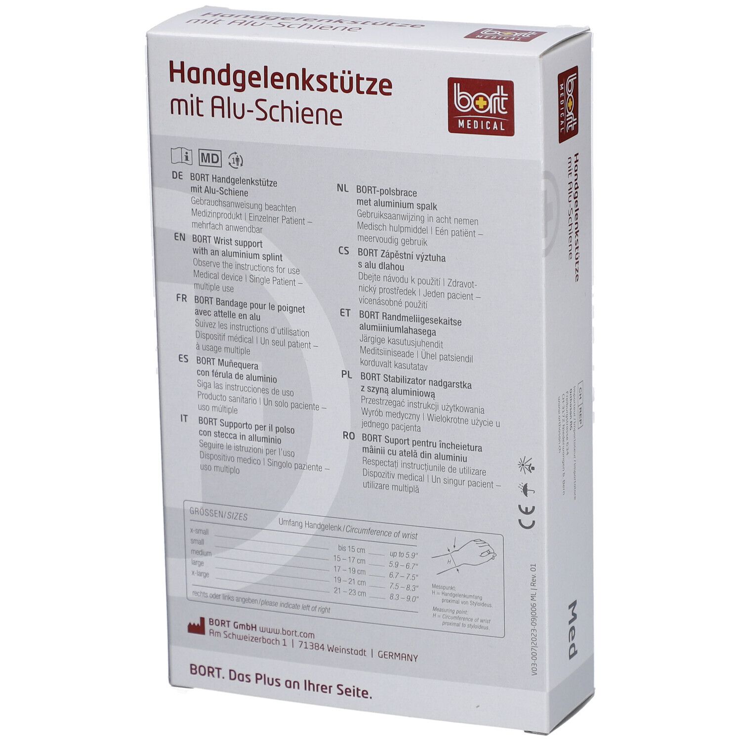 Rückseite der Verpackung. Text in Deutsch, Englisch, Französisch, Italienisch, Spanisch, Polnisch. BORT Logo.