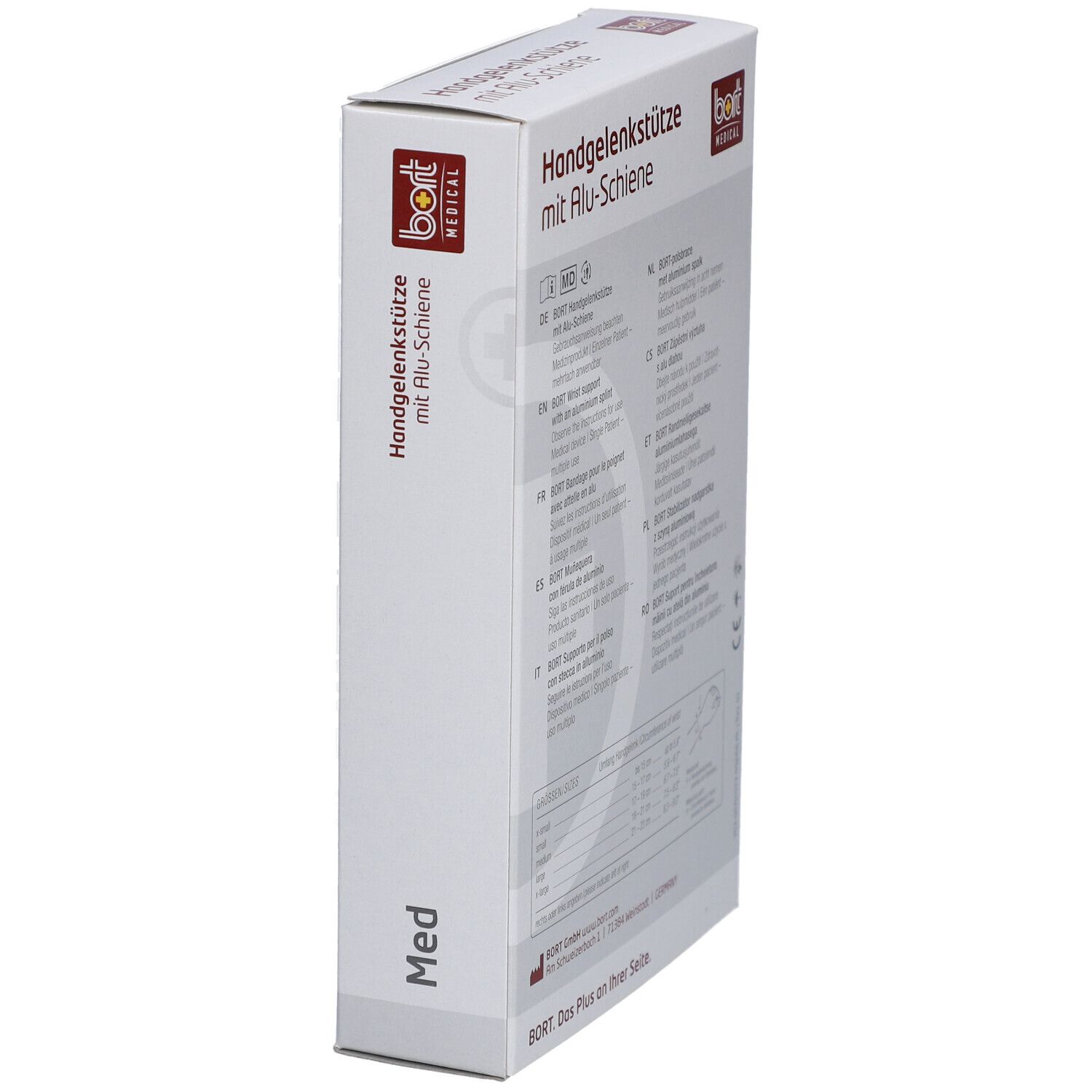 Verpackung der Handgelenkstütze mit Alu-Schiene. BORT MEDICAL Logo. Text und Produktbezeichnung.