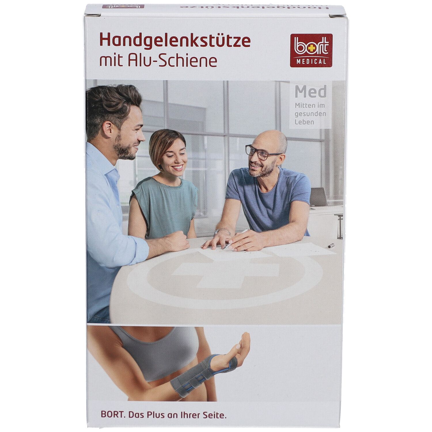 Verpackung der Handgelenkstütze mit Alu-Schiene. BORT MEDICAL Logo. Abbildung von Personen und Handgelenkstütze.