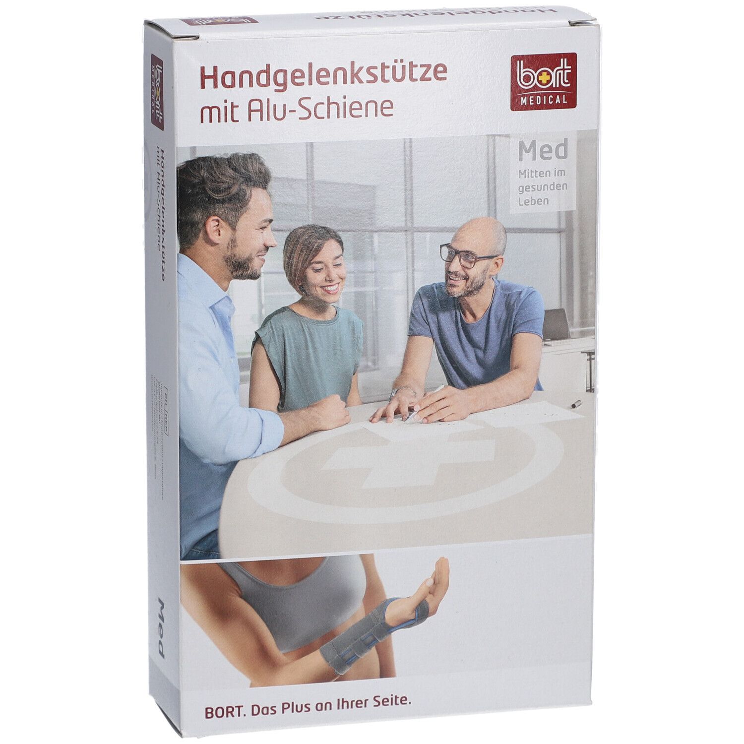Verpackung der Handgelenkstütze mit Alu-Schiene. BORT MEDICAL Logo. Abbildung von Personen und Handgelenkstütze.