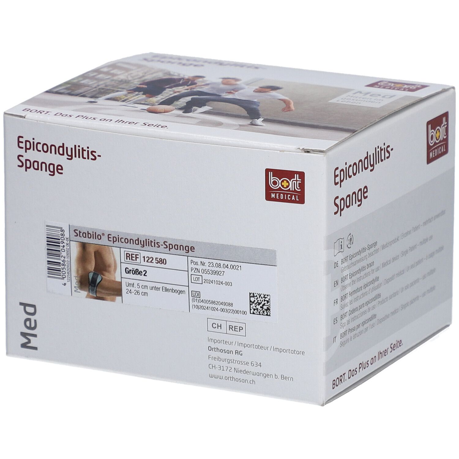 Verpackung der Epicondylitis-Spange. Marke Bort Medical. Größe 2, grau. Produktinformationen und Barcode.