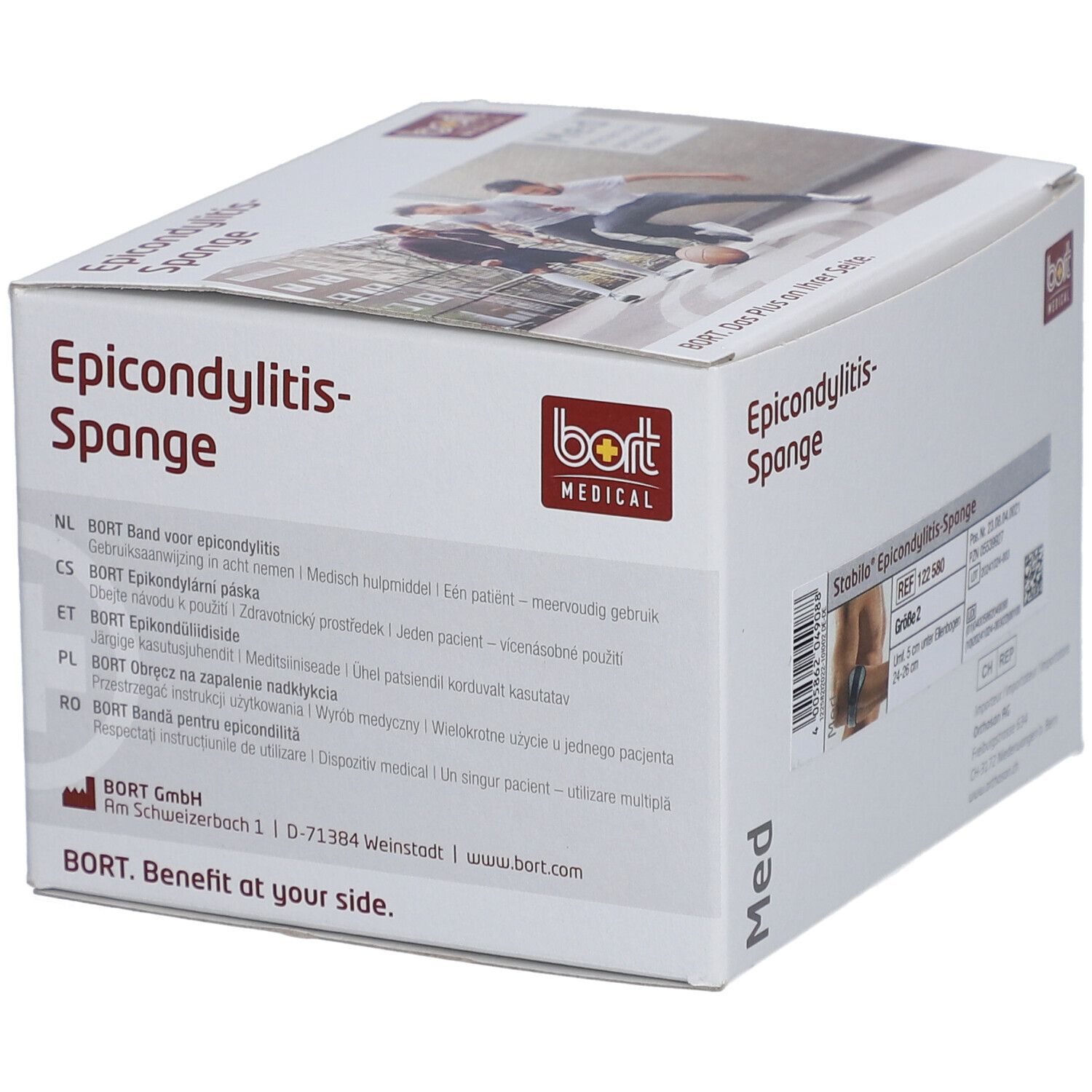 Verpackung der Epicondylitis-Spange. Marke Bort Medical. Produktinformationen in verschiedenen Sprachen.