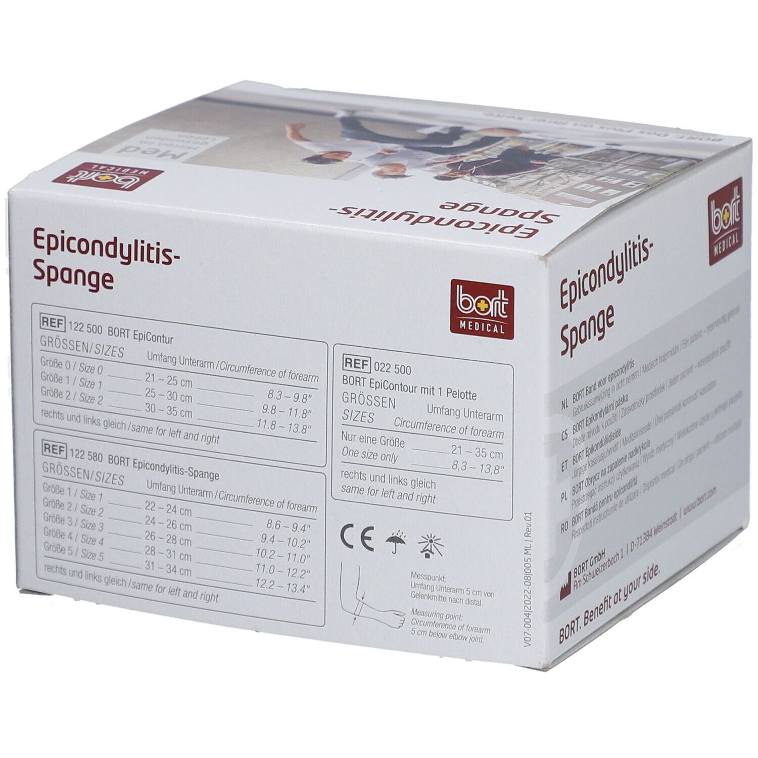 Verpackung der Epicondylitis-Spange. Marke Bort Medical. Größenangaben und CE-Kennzeichnung.