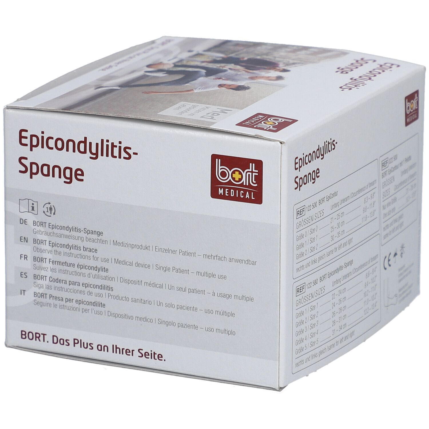 Verpackung der Epicondylitis-Spange. Marke Bort Medical. Gebrauchsanweisung und CE-Kennzeichnung.