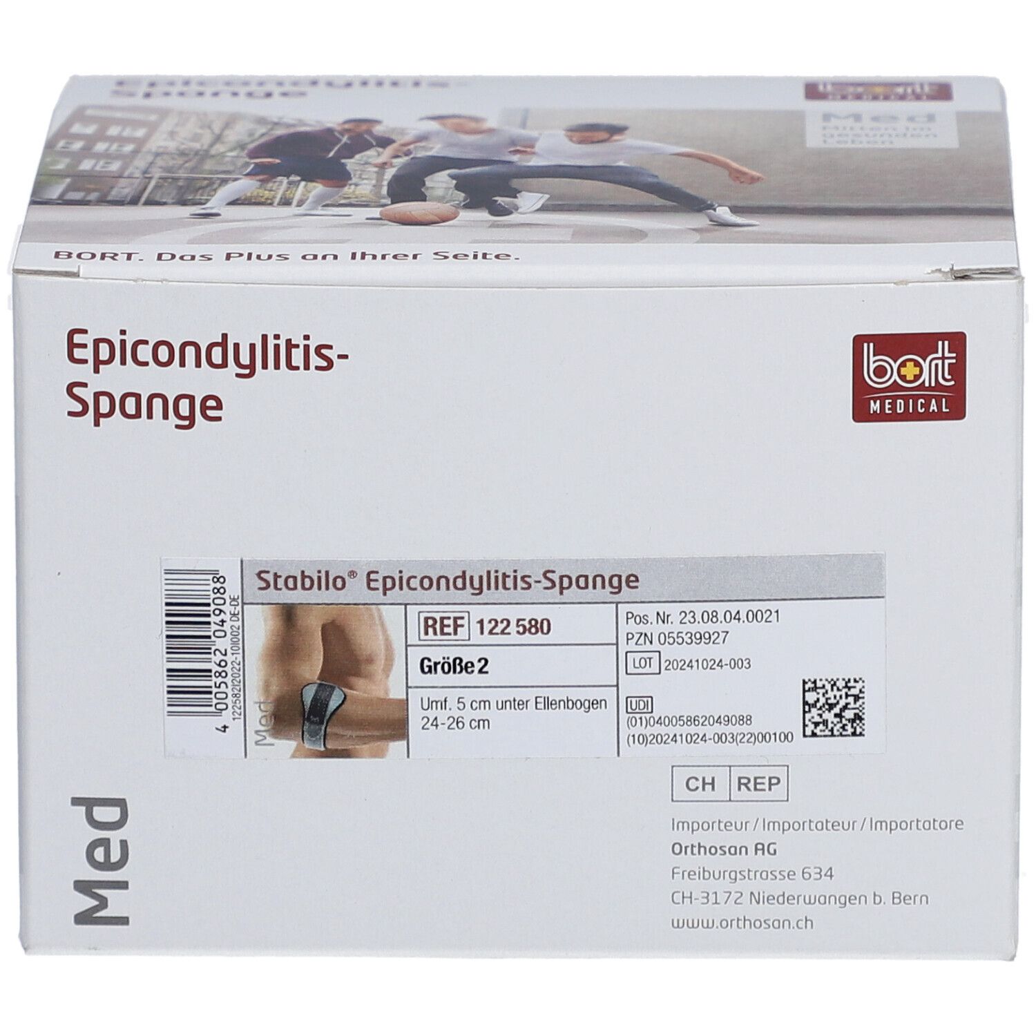 Verpackung der Epicondylitis-Spange. Marke Bort Medical. Größe 2, grau. Produktinformationen und Barcode.