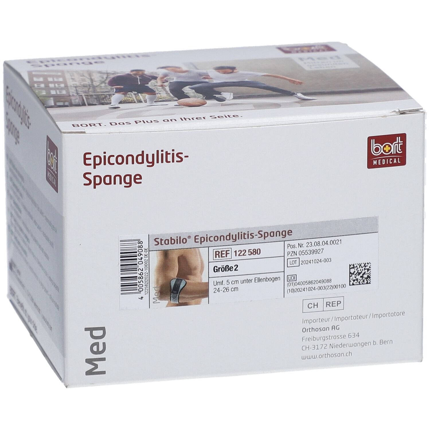 Verpackung der Epicondylitis-Spange. Marke Bort Medical. Größe 2, grau. Produktinformationen und Barcode.