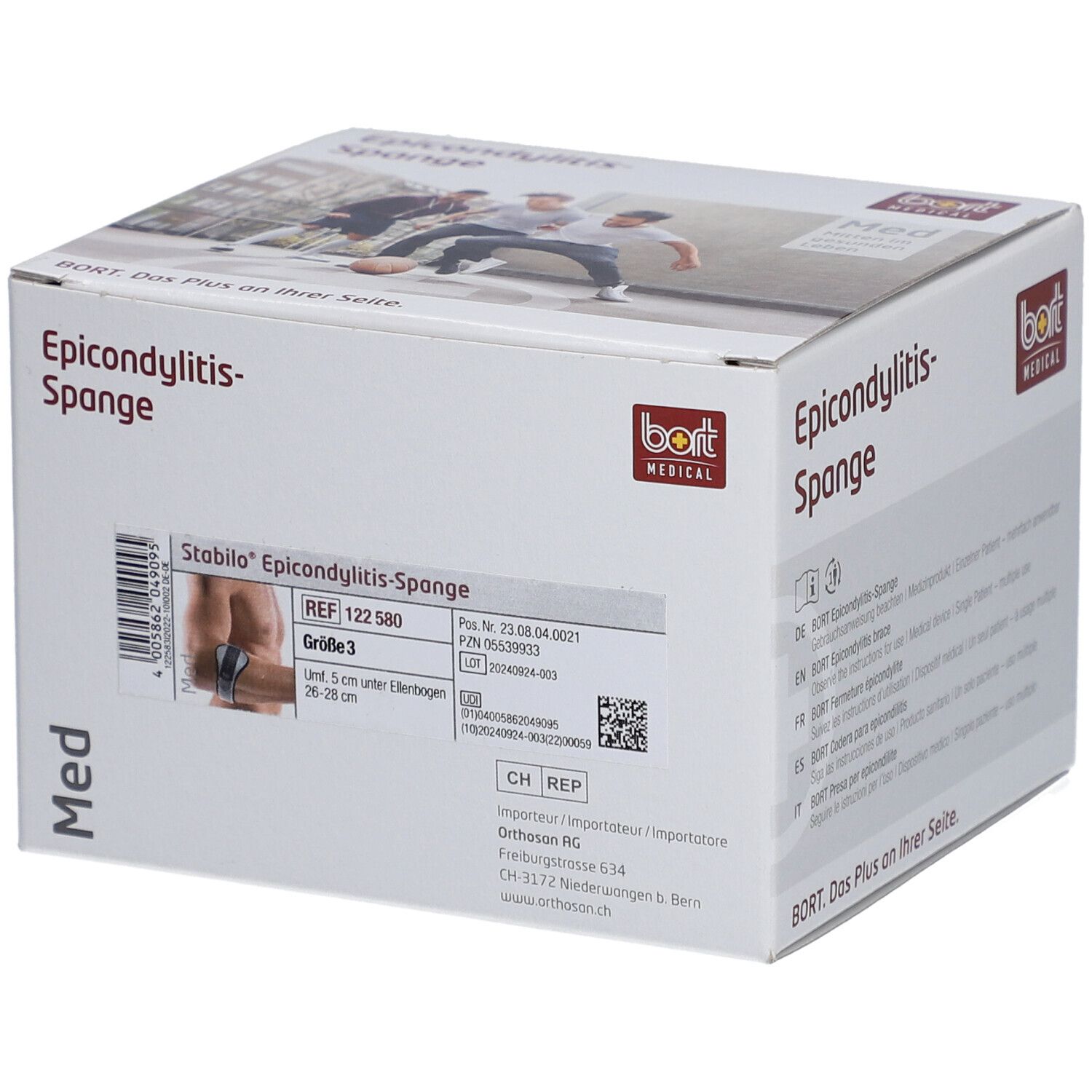 Verpackung der Epicondylitis-Spange. Weißer Karton mit Produktbezeichnung und Logo. Größe 3.