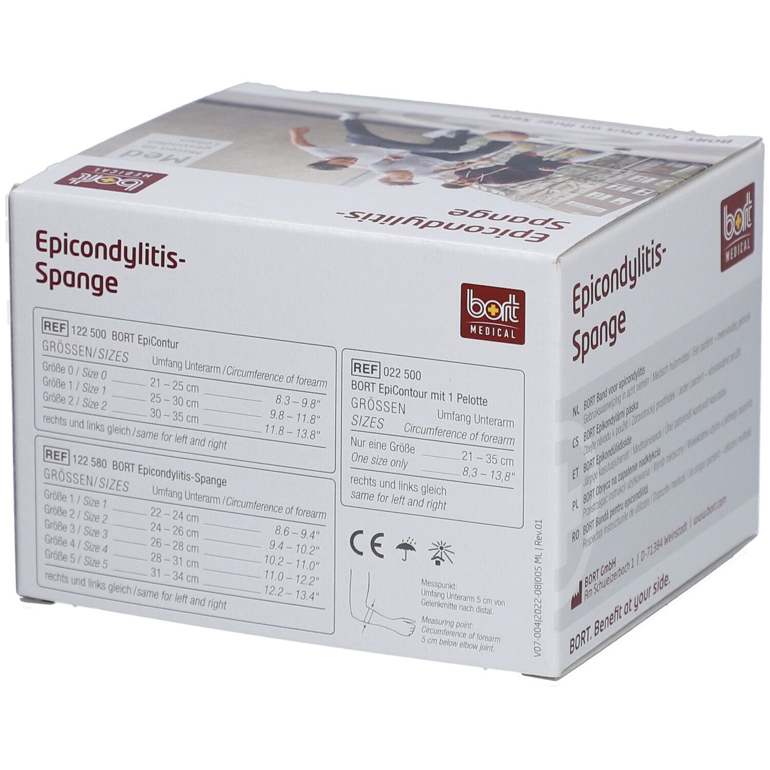 Verpackung der Epicondylitis-Spange. Weißer Karton mit Produktbezeichnung und Logo. Größenangaben.
