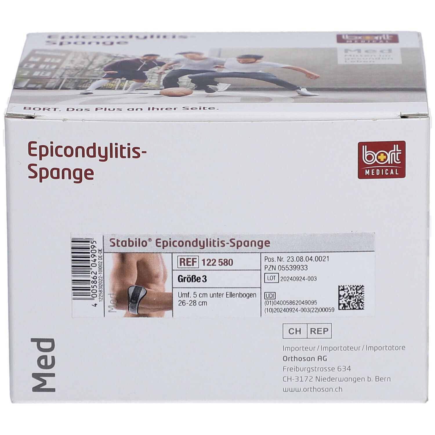 Verpackung der Epicondylitis-Spange. Weißer Karton mit Produktbezeichnung und Logo. Größe 3, Produktabbildung.