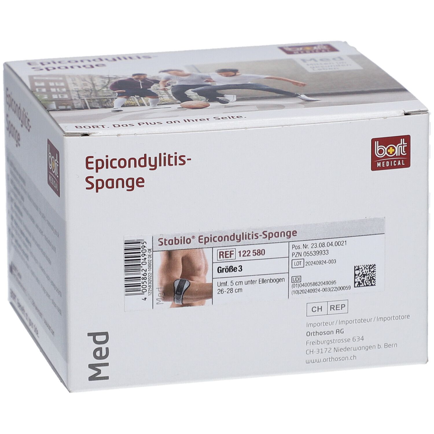 Verpackung der Epicondylitis-Spange. Weißer Karton mit Produktbezeichnung und Logo. Größe 3, Produktabbildung.