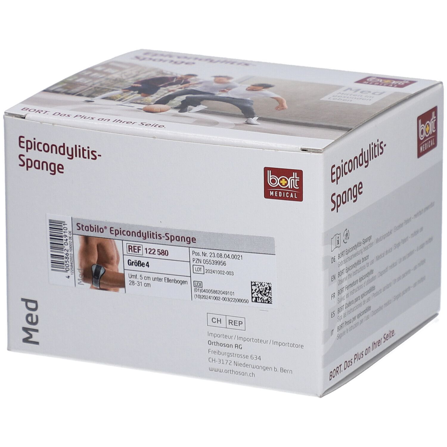 Verpackung der Epicondylitis-Spange. Aufdruck: BORT, Stabilo, Größe 4, 28-31 cm. Weißer Karton mit Produktabbildung.