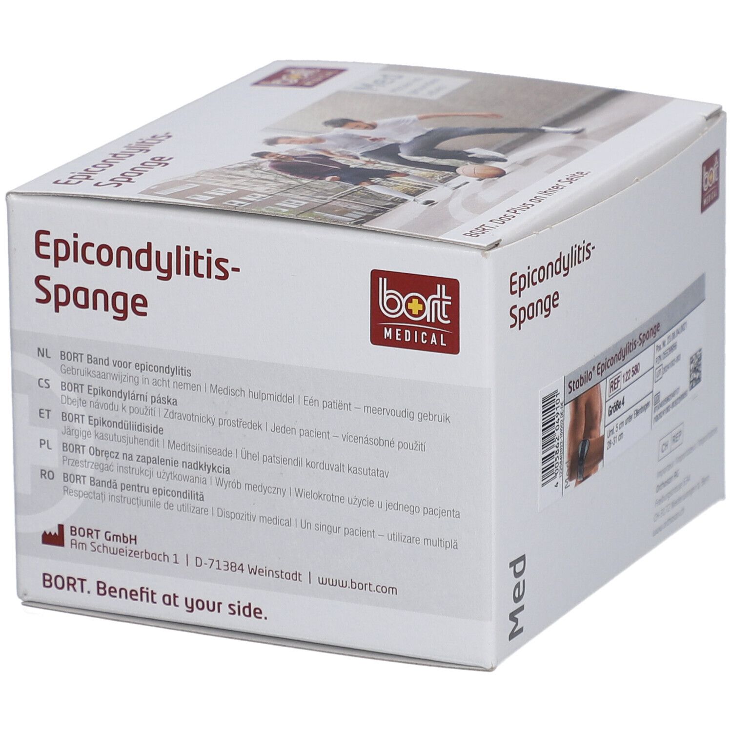 Verpackung der Epicondylitis-Spange. Aufdruck: BORT MEDICAL. Mehrsprachige Produktinformationen. Weißer Karton.