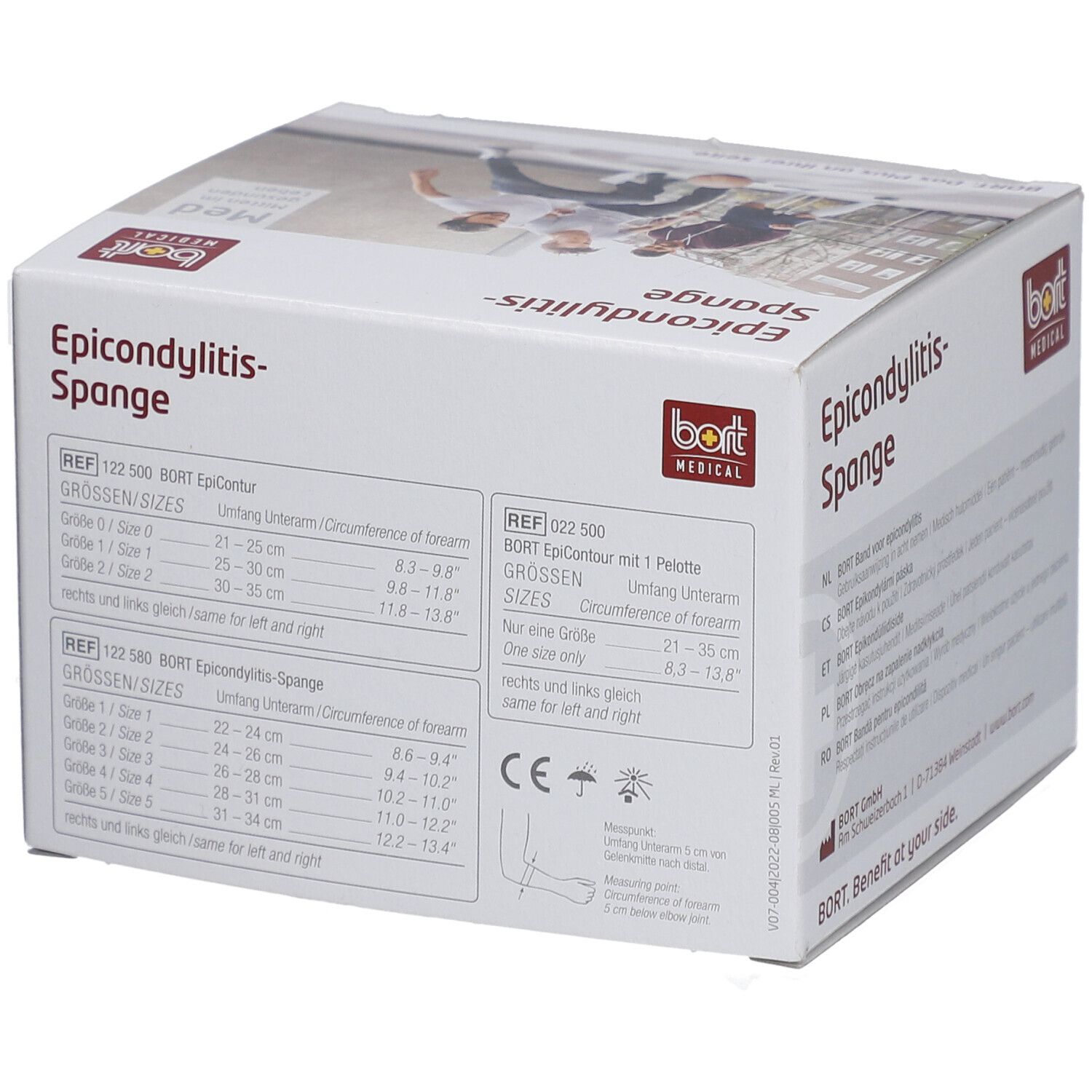 Verpackung der Epicondylitis-Spange. Aufdruck: BORT MEDICAL. Größentabelle. CE-Kennzeichnung. Weißer Karton.