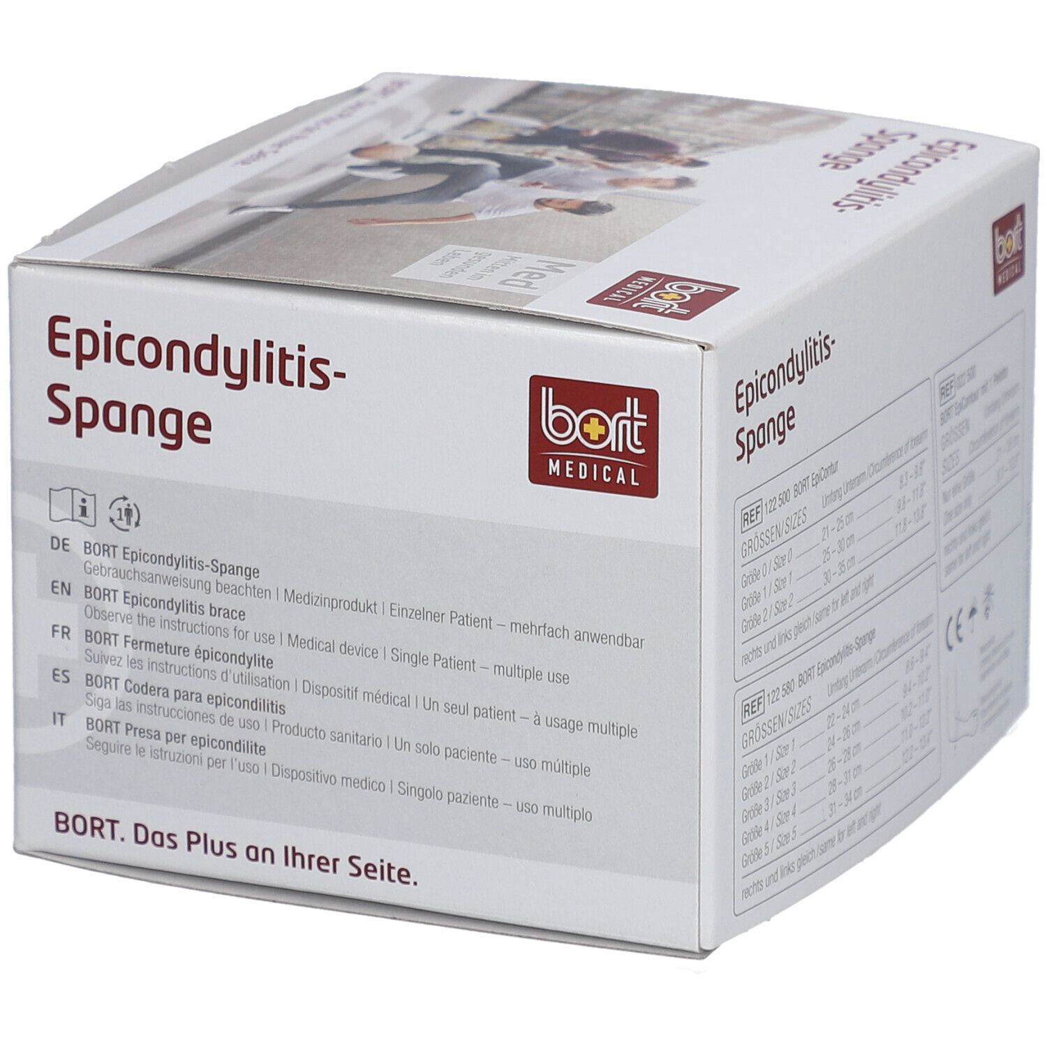 Verpackung der Epicondylitis-Spange. Aufdruck: BORT MEDICAL. Produktinformationen in verschiedenen Sprachen. Weißer Karton.