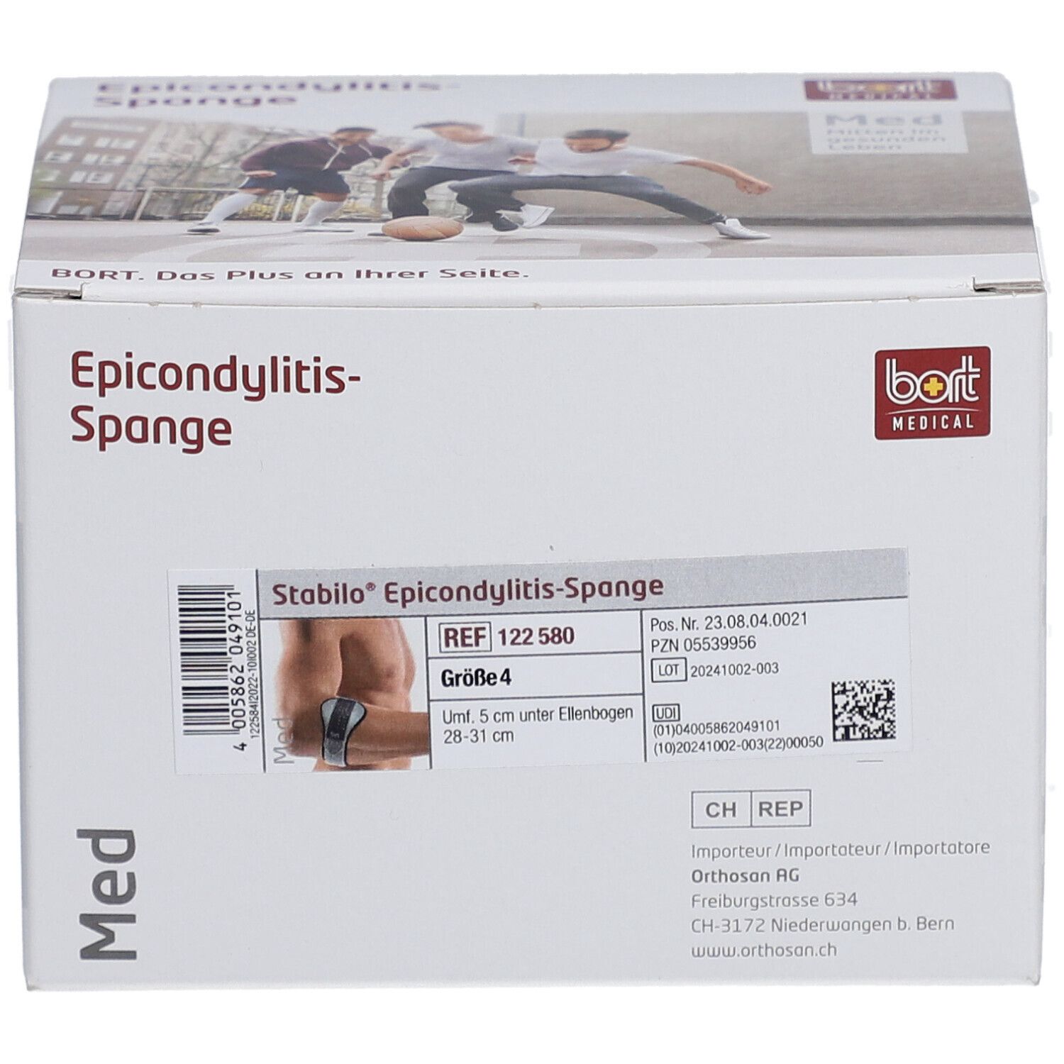 Verpackung der Epicondylitis-Spange. Aufdruck: BORT, Stabilo, Größe 4, 28-31 cm. Weißer Karton mit Produktabbildung.