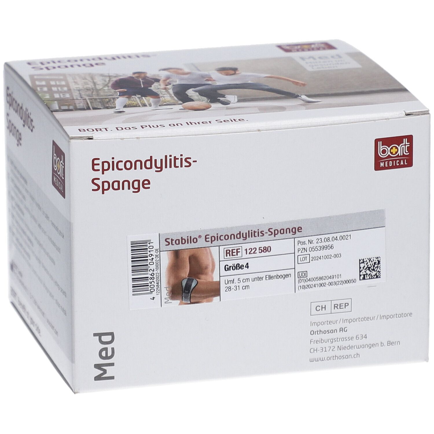 Verpackung der Epicondylitis-Spange. Aufdruck: BORT, Stabilo, Größe 4, 28-31 cm. Weißer Karton mit Produktabbildung.