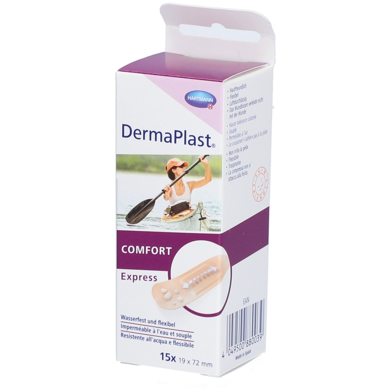 Verpackung von Dermaplast® Comfort Express Streifen. 15 Pflaster, 19 x 72 mm. Abbildung einer Person im Kajak. Wasserfest und flexibel.