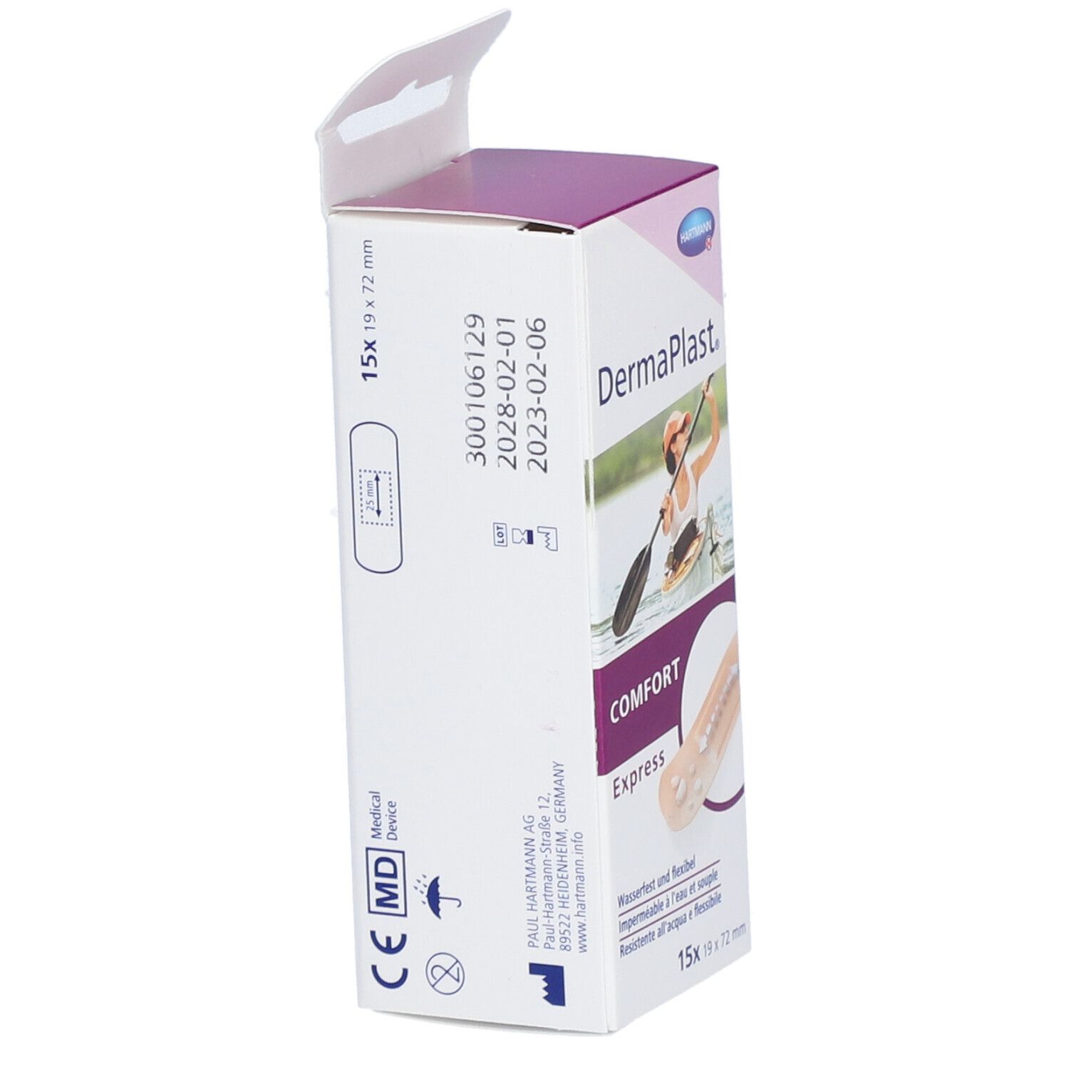 Verpackung von Dermaplast® Comfort Express. Aufdruck mit Haltbarkeitsdatum und Chargennummer. Medizinprodukt. 15 Pflaster, 19 x 72 mm.