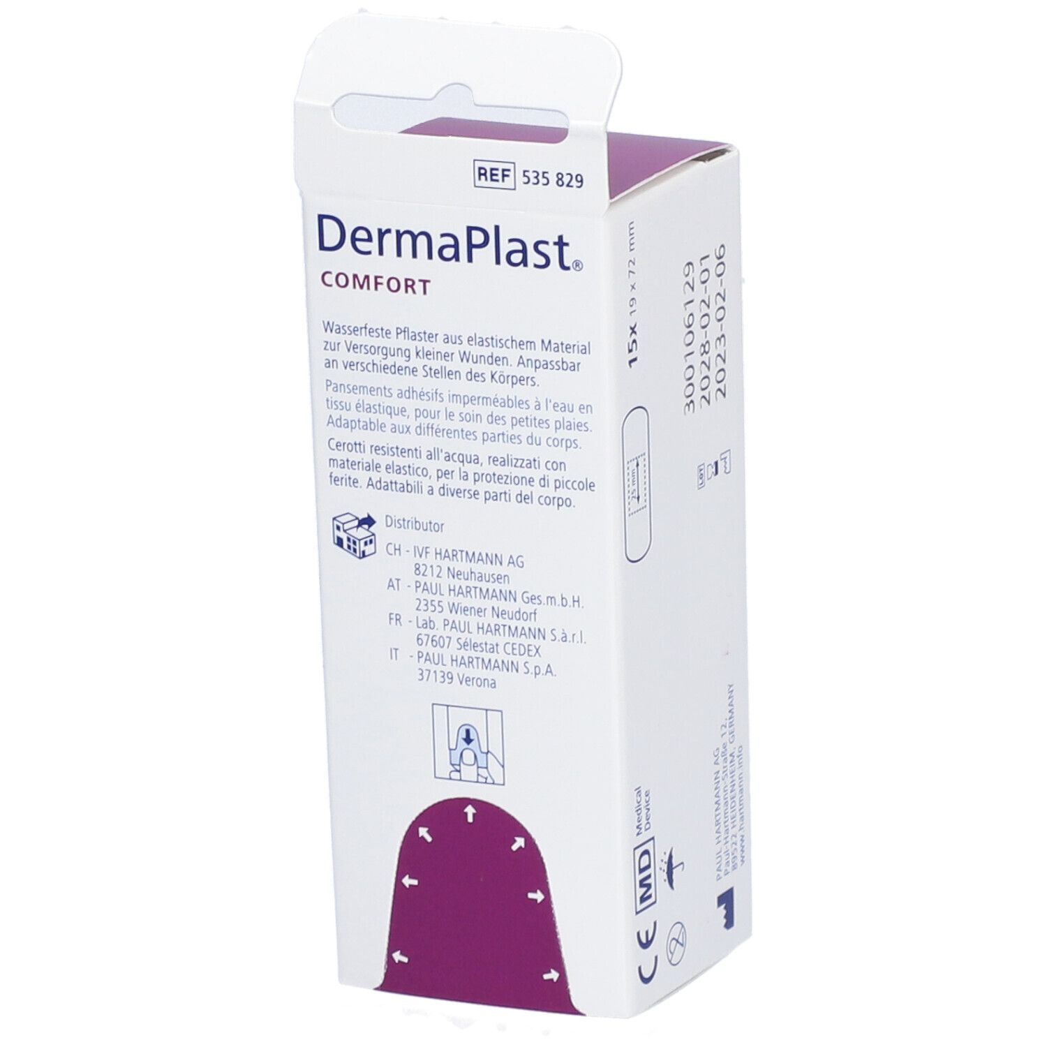 Verpackung von Dermaplast® Comfort. Text in Deutsch, Französisch und Italienisch. Medizinprodukt. 15 Pflaster, 19 x 72 mm.