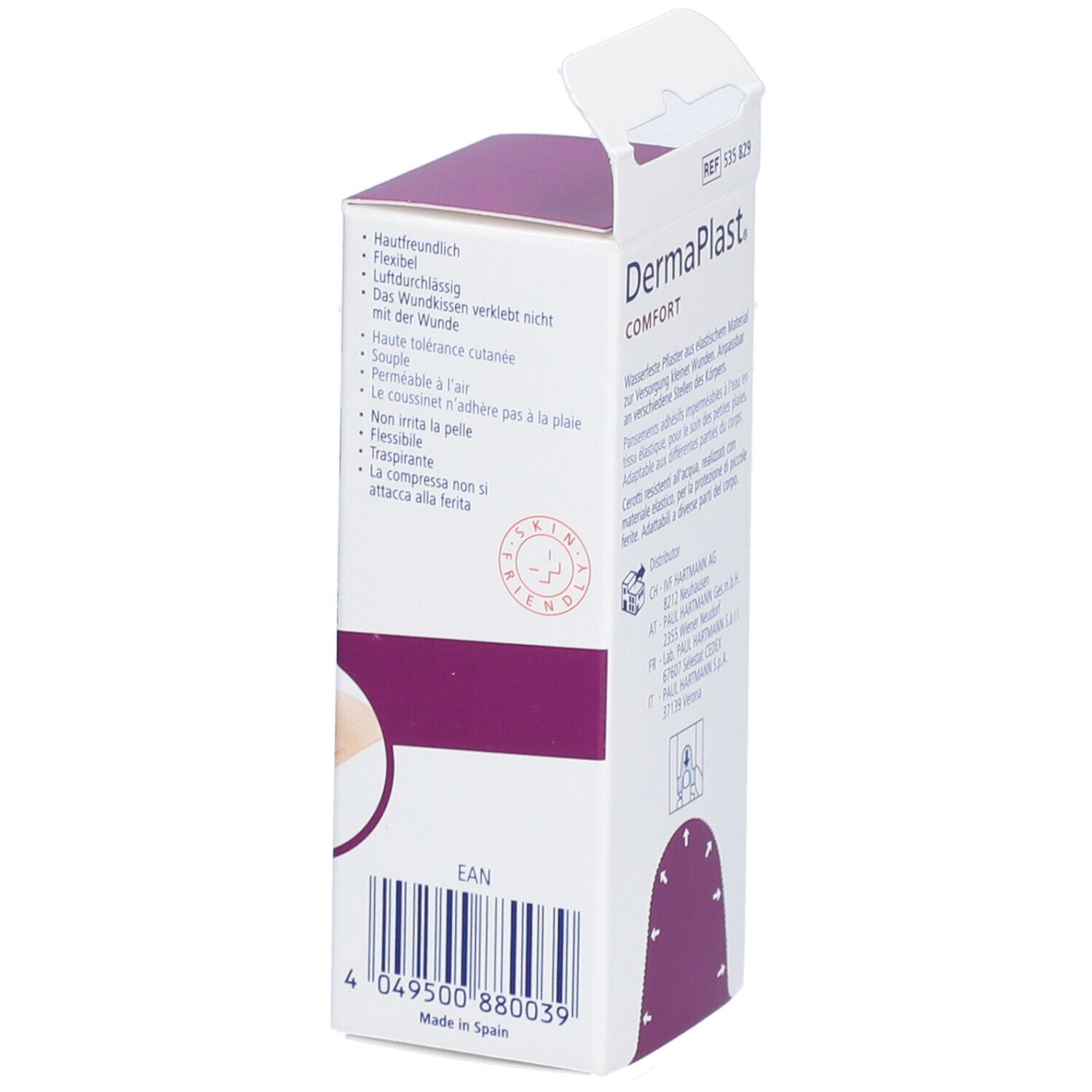 Rückseite der Dermaplast® Comfort Verpackung. Auflistung der Eigenschaften. EAN-Code. Hergestellt in Spanien.