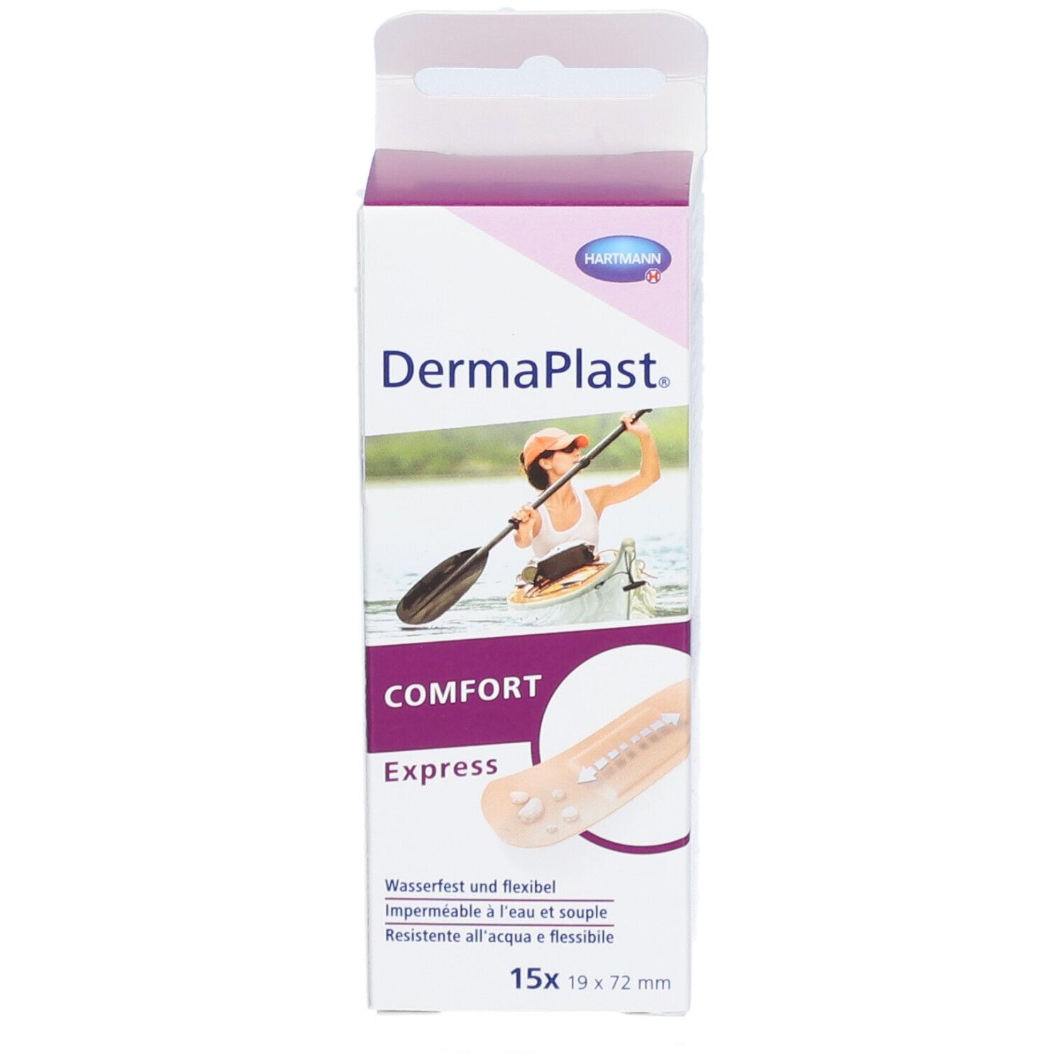 Verpackung von Dermaplast® Comfort Express. Abbildung einer Person im Kajak. 15 Pflaster, 19 x 72 mm. Wasserfest und flexibel.