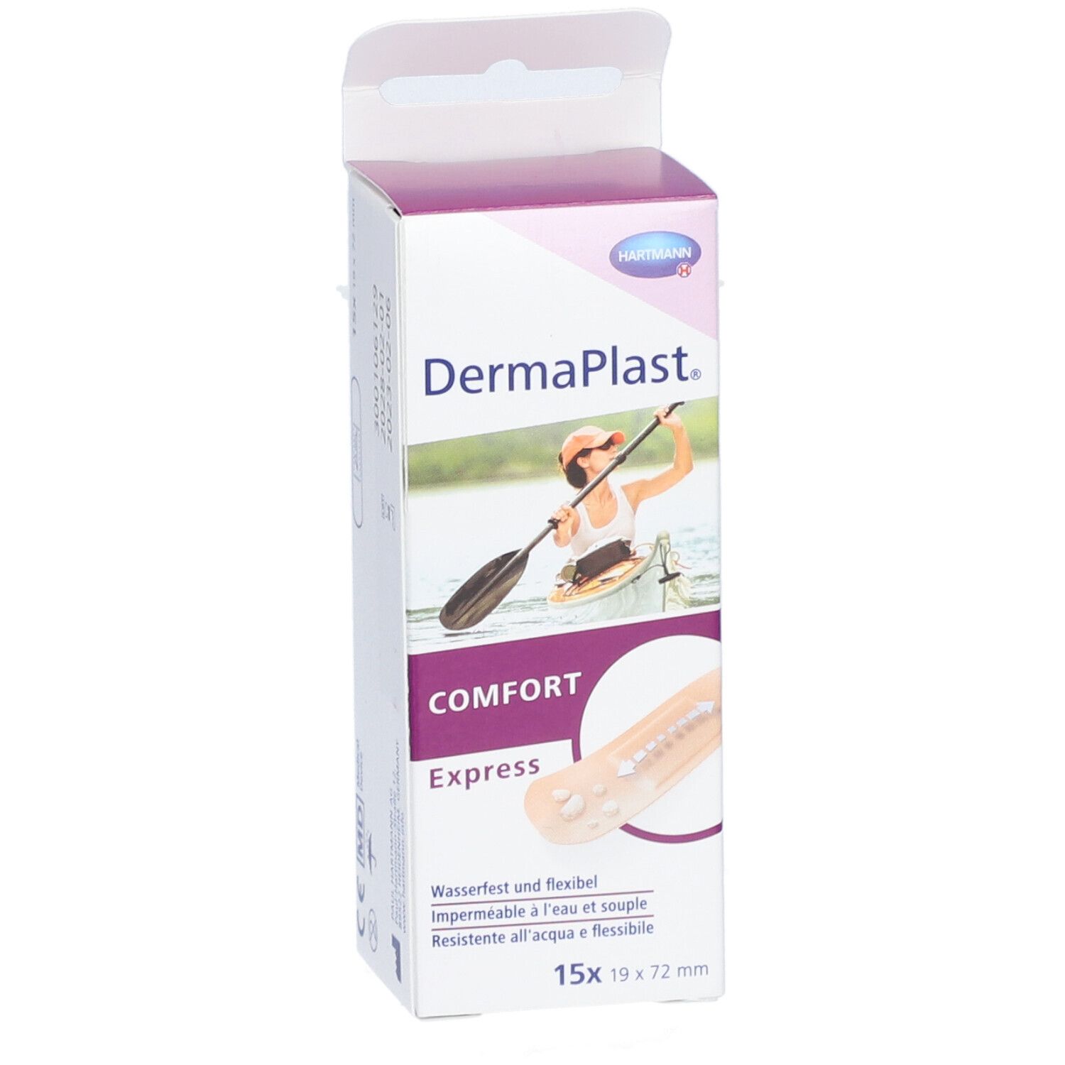 Verpackung von Dermaplast® Comfort Express. Abbildung einer Person im Kajak. 15 Pflaster, 19 x 72 mm. Wasserfest und flexibel.