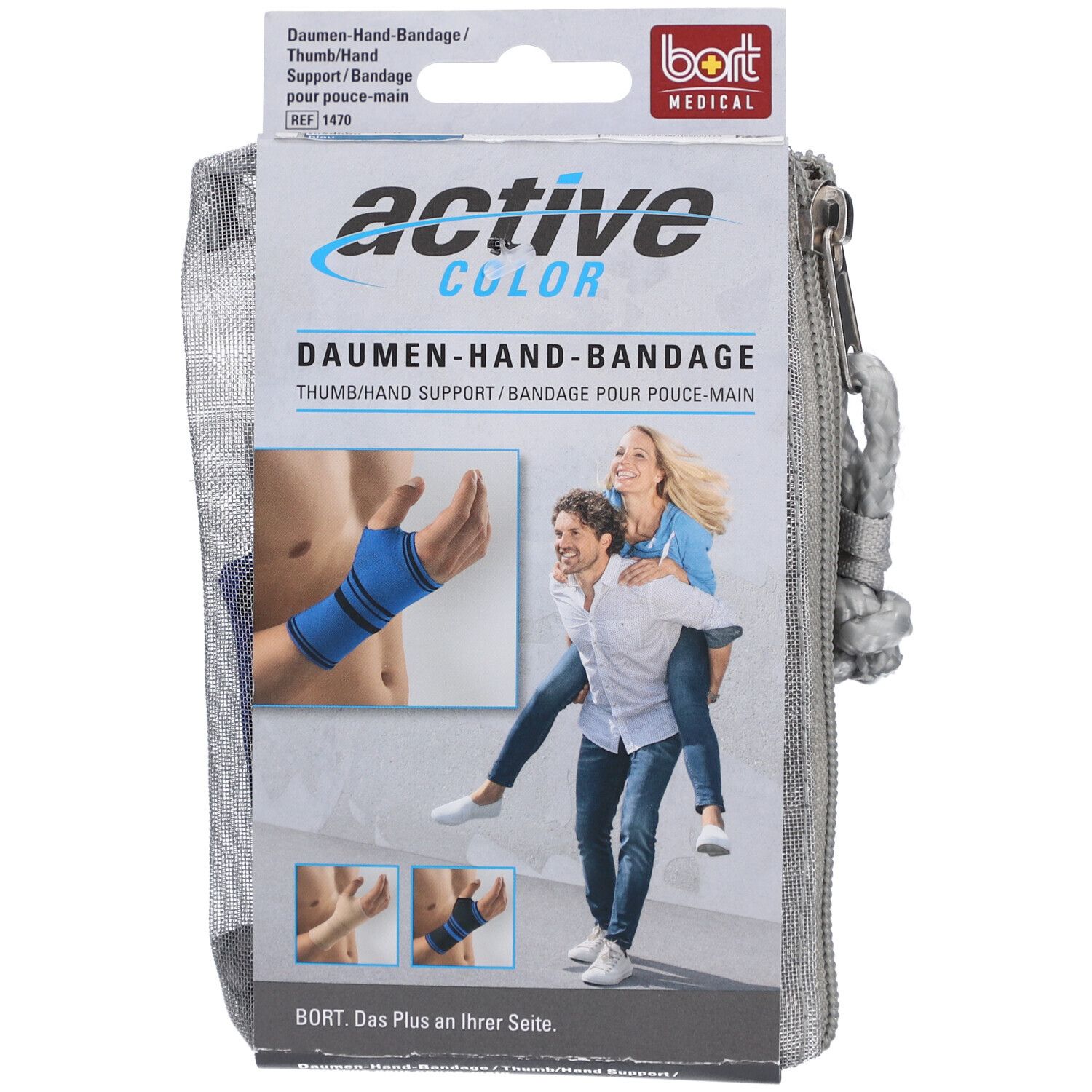Blaues Daumen-Hand-Bandage in Verpackung. "active color" und "BORT MEDICAL" Logos sichtbar. Produktabbildung auf der Verpackung.