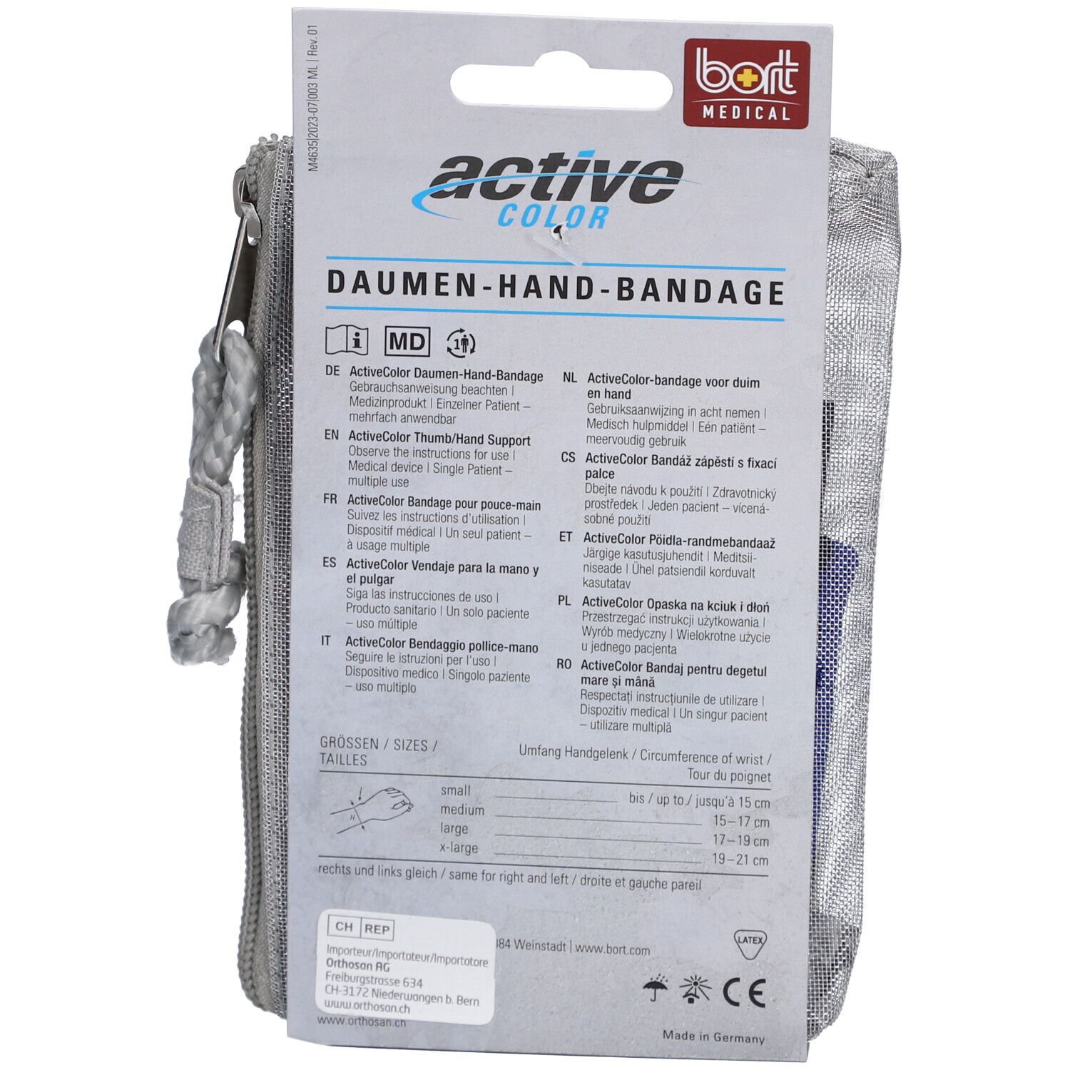 Rückseite der Verpackung mit Produktinformationen. Größenangaben und CE-Kennzeichnung. "active color" und "BORT MEDICAL" Logos.