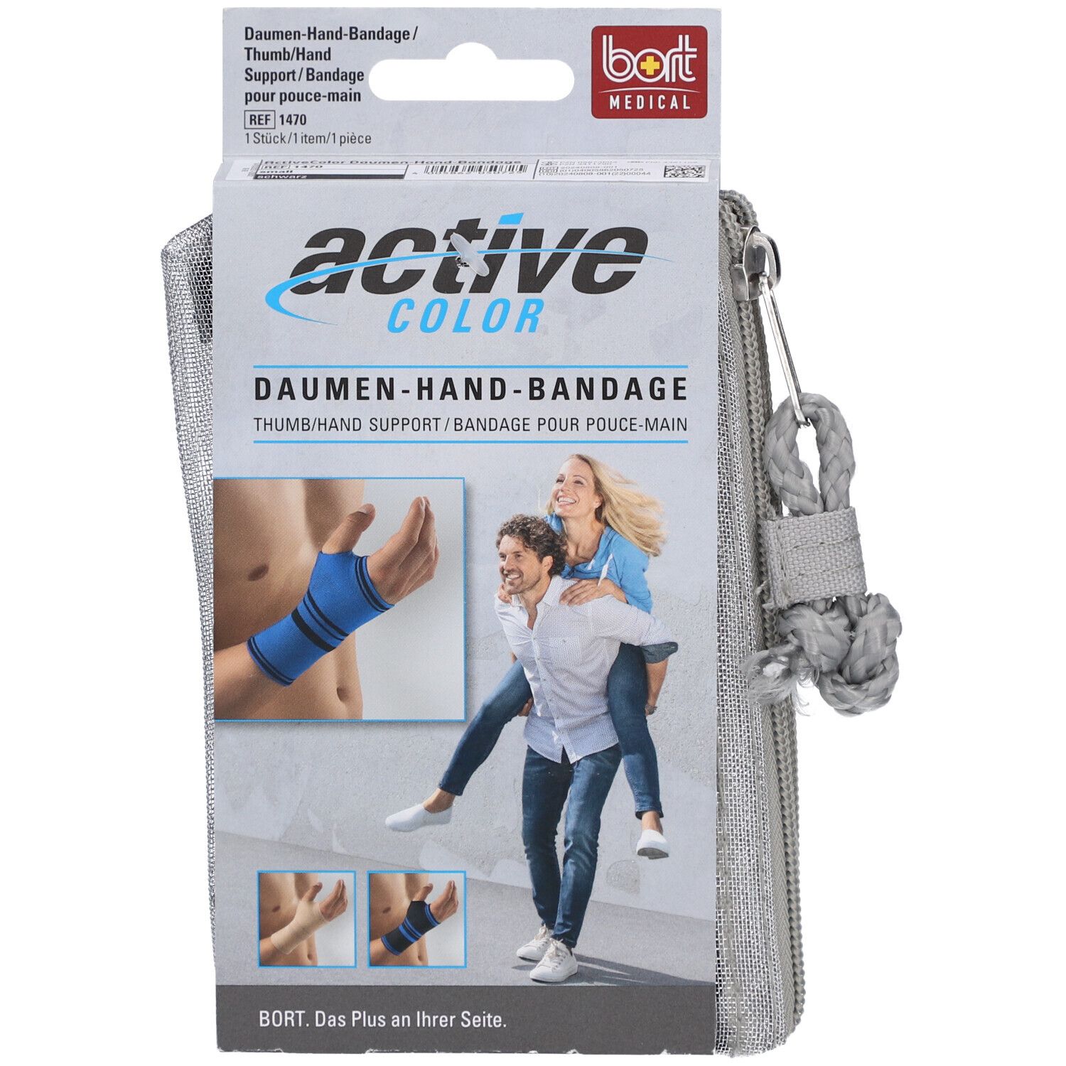 Bandage für Daumen und Hand, grau. Verpackung mit Produktabbildung und Markenlogo. Enthält einen Reißverschluss.