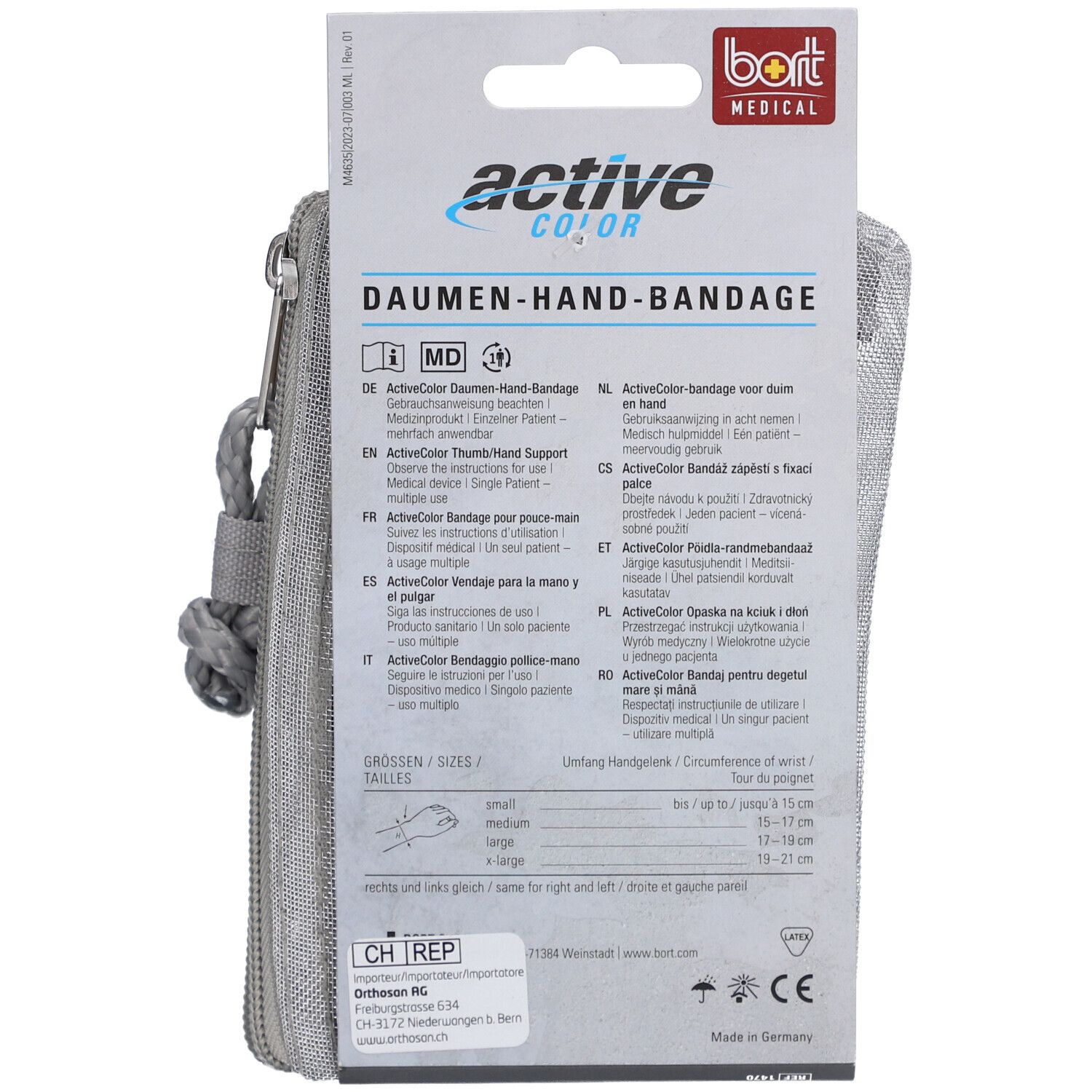 Rückseite der Bandagenverpackung. Produktname, Größenangaben und Markenlogo. Enthält Informationen in verschiedenen Sprachen.