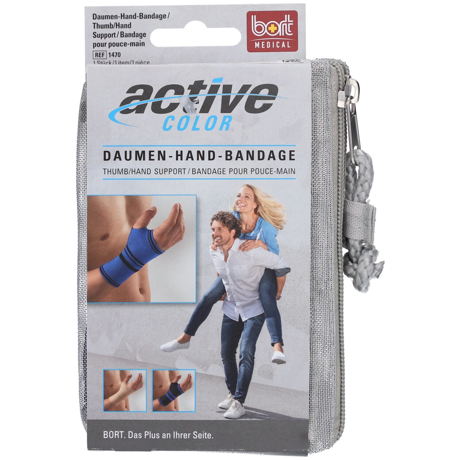 Graue Reißverschlusstasche mit BORT-Logo und Produktverpackung. Aufdruck: ActiveColor Daumen-Hand-Bandage. Abbildung: Bandage am Handgelenk.