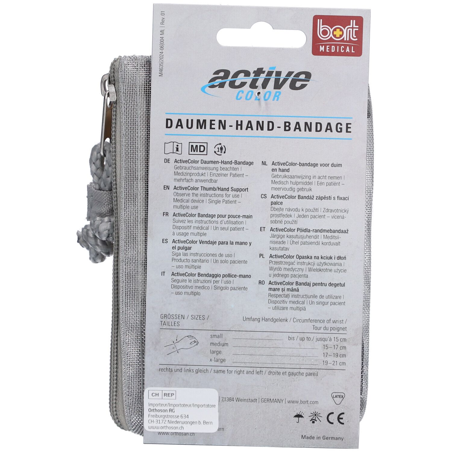Rückseite der grauen Reißverschlusstasche. Aufdruck: ActiveColor Daumen-Hand-Bandage. Informationen zu Größen und Gebrauchsanweisung.