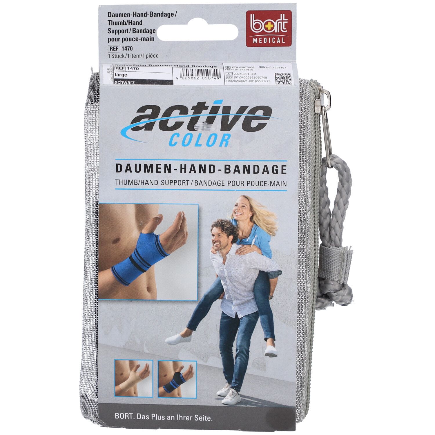 ActiveColor duim-handbandage, maat L, zwart, in verpakking. ActiveColor en BORT logo's zichtbaar.