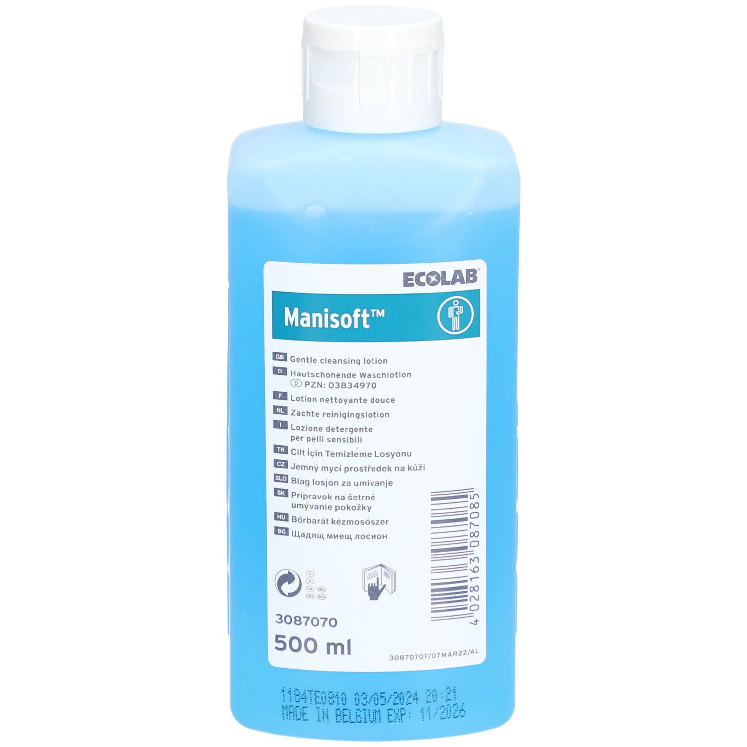 Flacon bleu avec bouchon blanc. Inscription : Manisoft™. Informations produit multilingues et 500 ml.