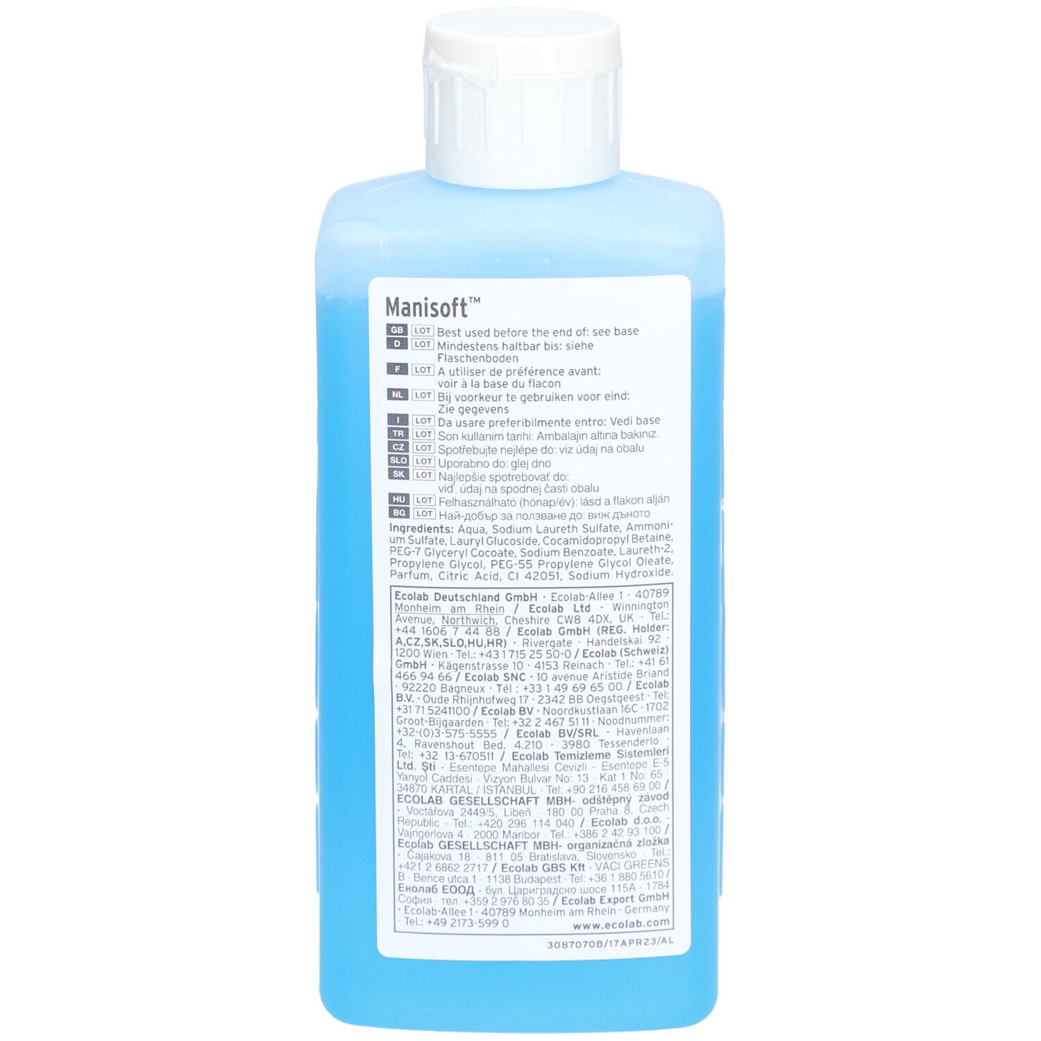 Dos du flacon bleu avec bouchon blanc. Informations produit multilingues et ingrédients.