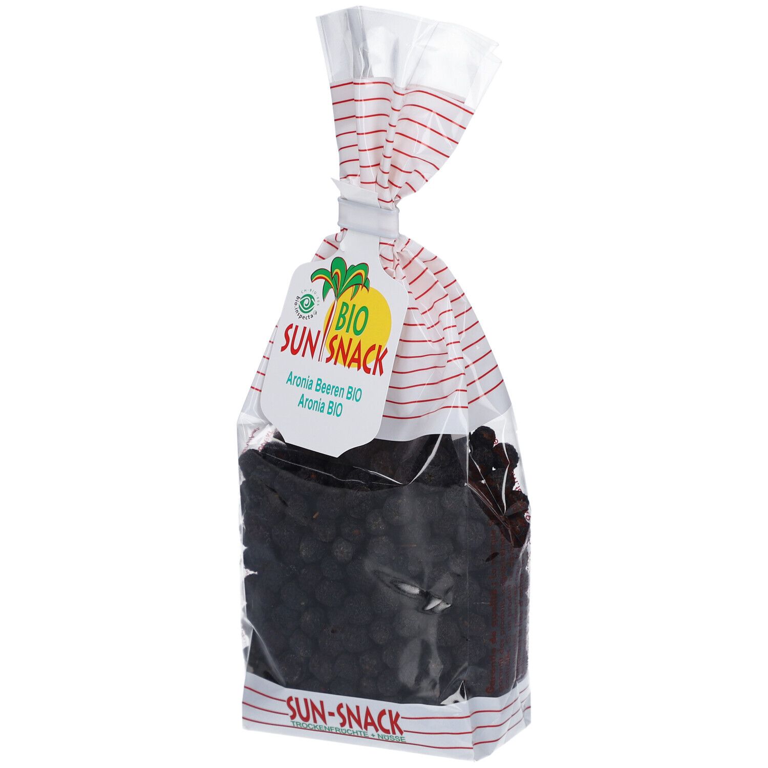 Klare Tüte mit Aronia-Beeren. Aufdruck: BIO SUN SNACK, Bio Aronia-Beeren. Siegel.