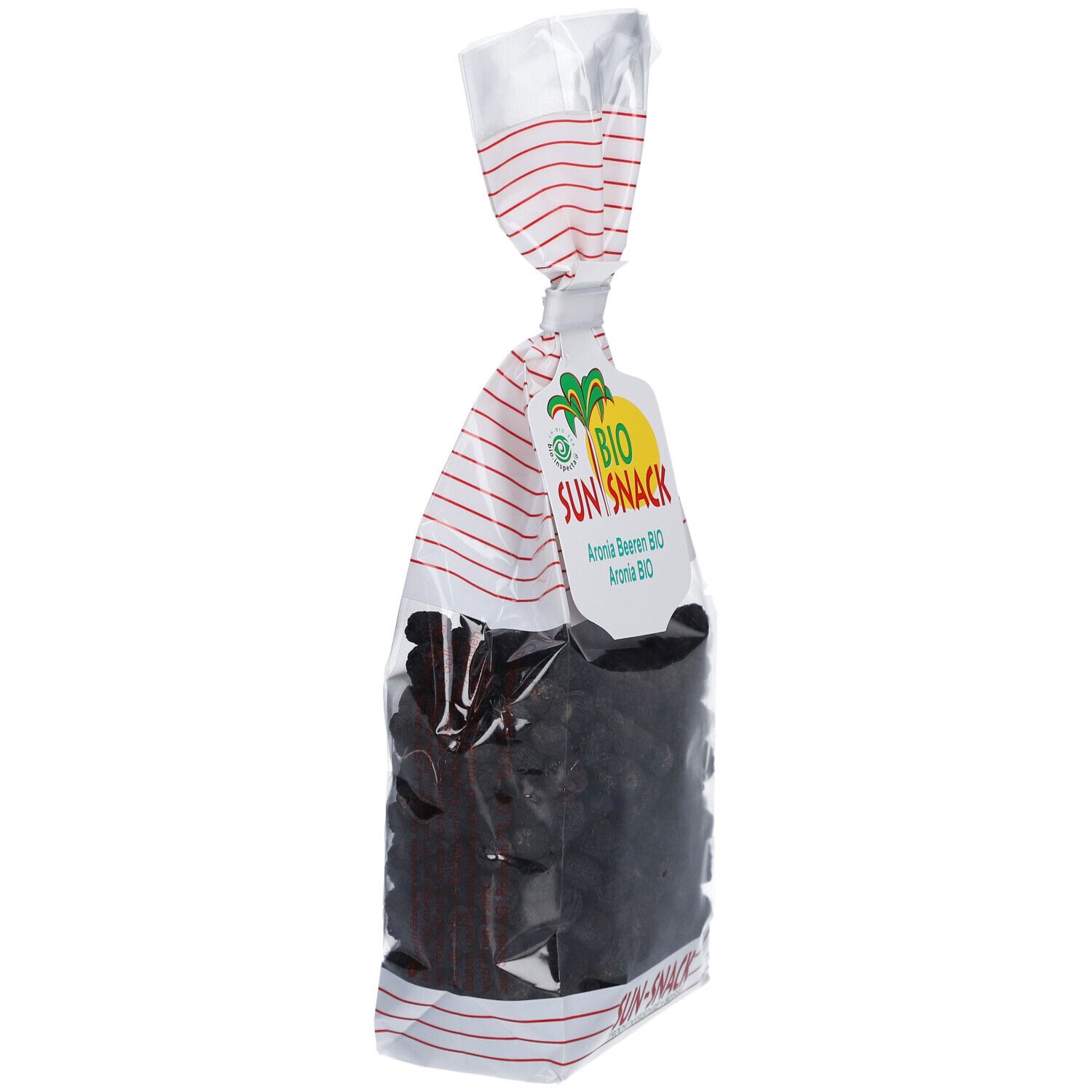 Klare Tüte mit Aronia-Beeren. Aufdruck: BIO SUN SNACK, Bio Aronia-Beeren. Siegel.