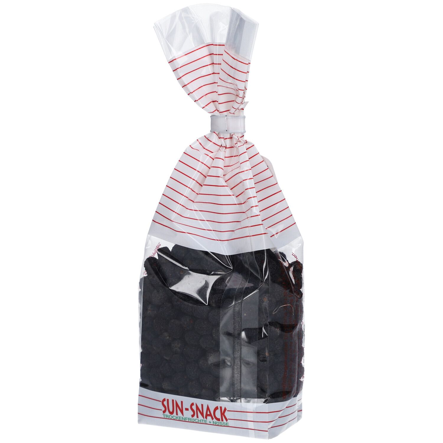 Klare Tüte mit Aronia-Beeren. Aufdruck: BIO SUN SNACK, Bio Aronia-Beeren. Siegel.