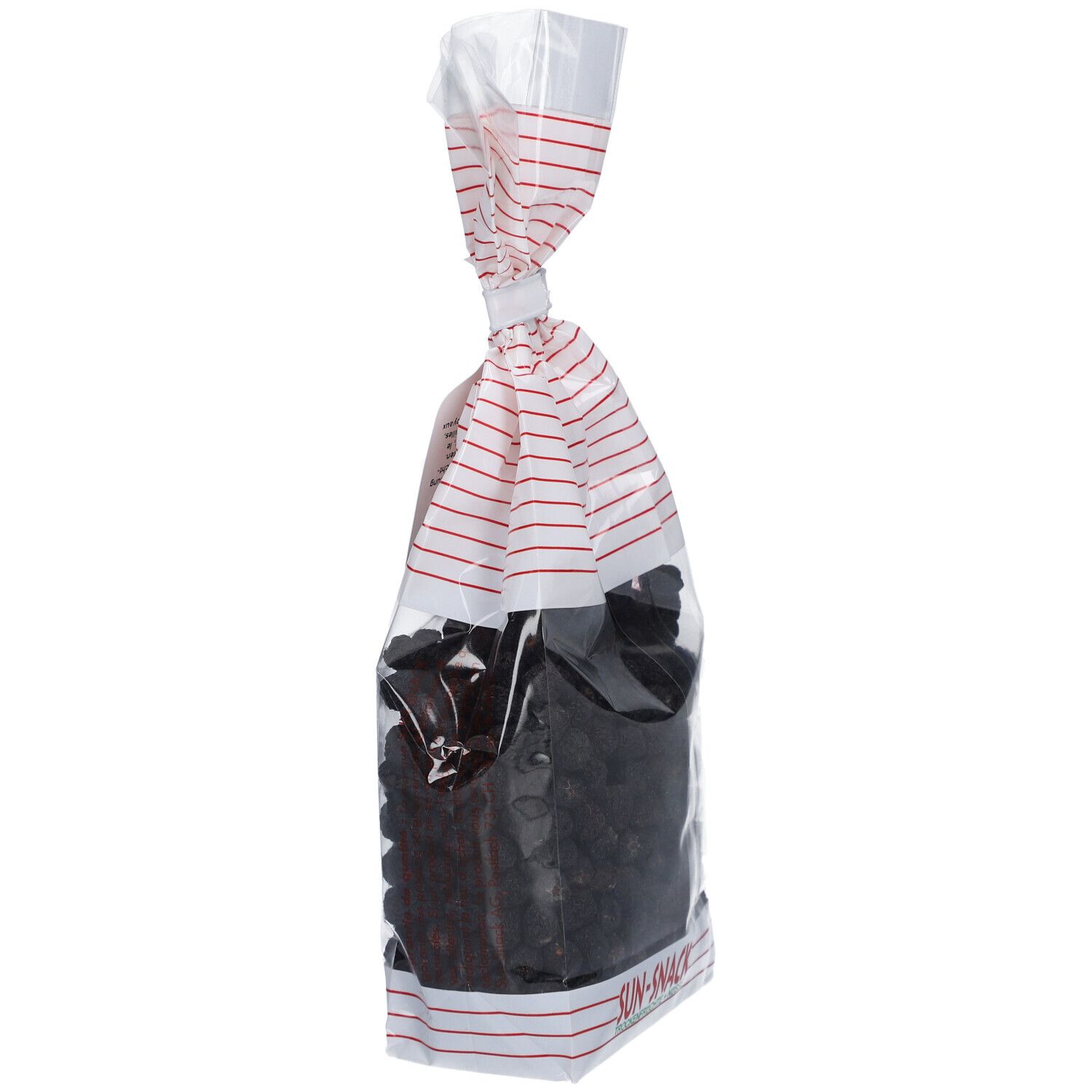 Klare Tüte mit Aronia-Beeren. Aufdruck: BIO SUN SNACK, Bio Aronia-Beeren. Siegel.